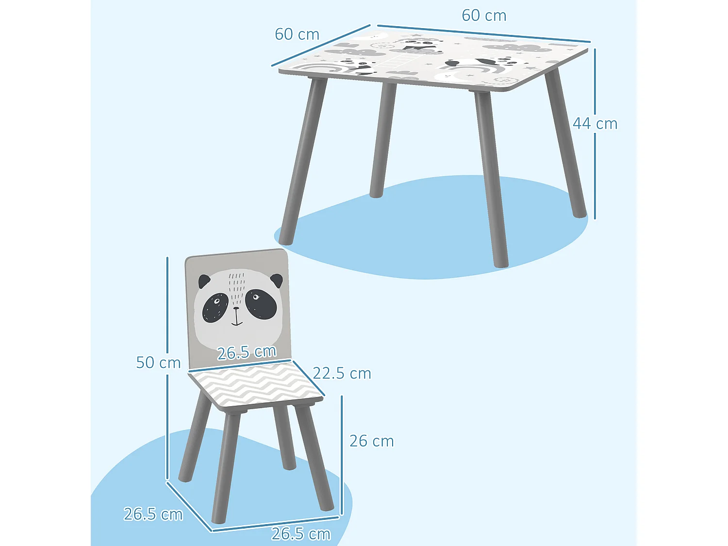 Set tavolo e 2 sedie per bambini 3-8 anni con disegni grigio