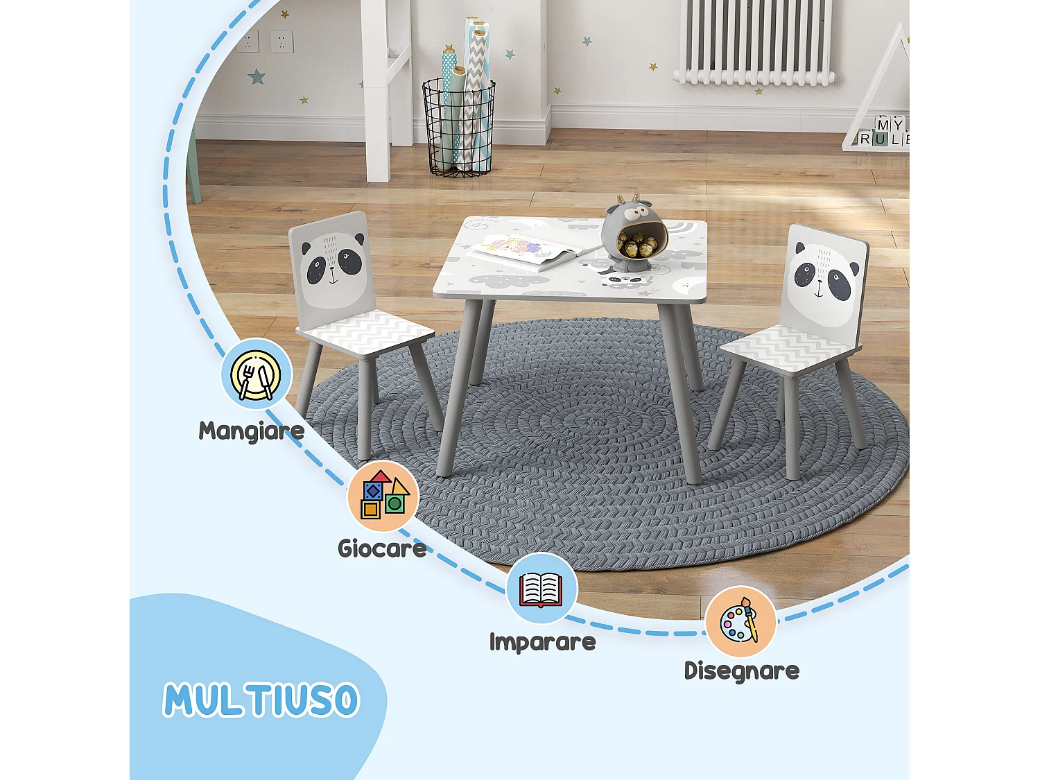 Set tavolo e 2 sedie per bambini 3-8 anni con disegni grigio