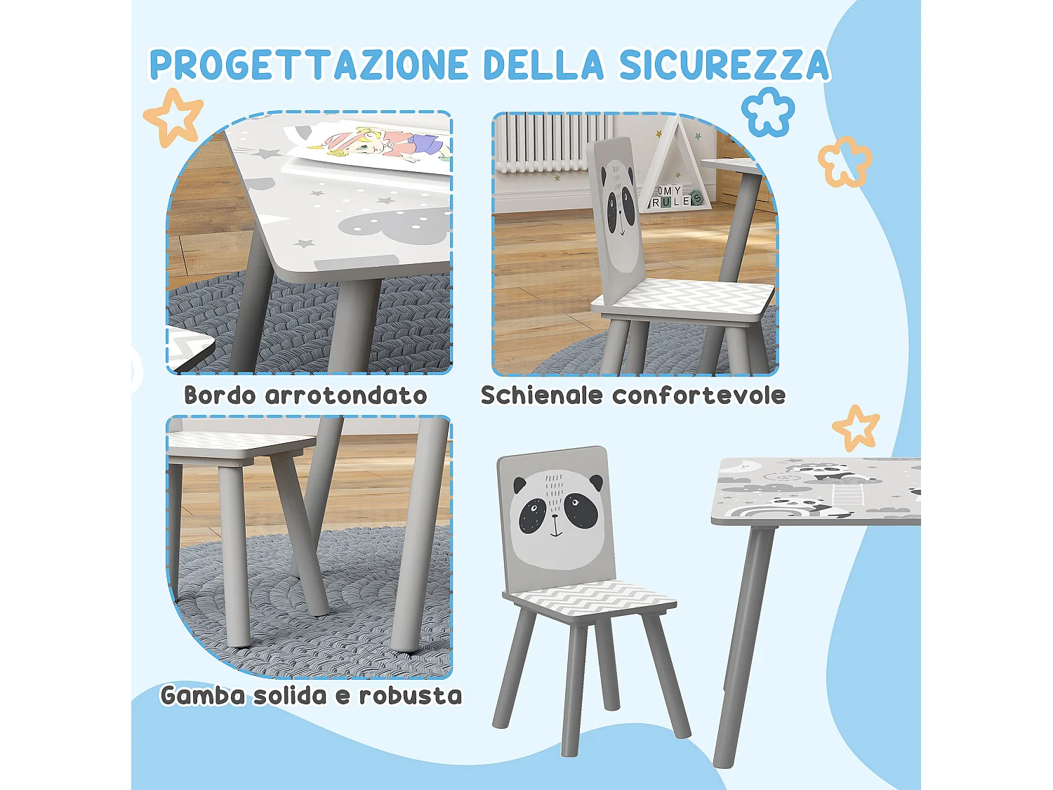 Set tavolo e 2 sedie per bambini 3-8 anni con disegni grigio