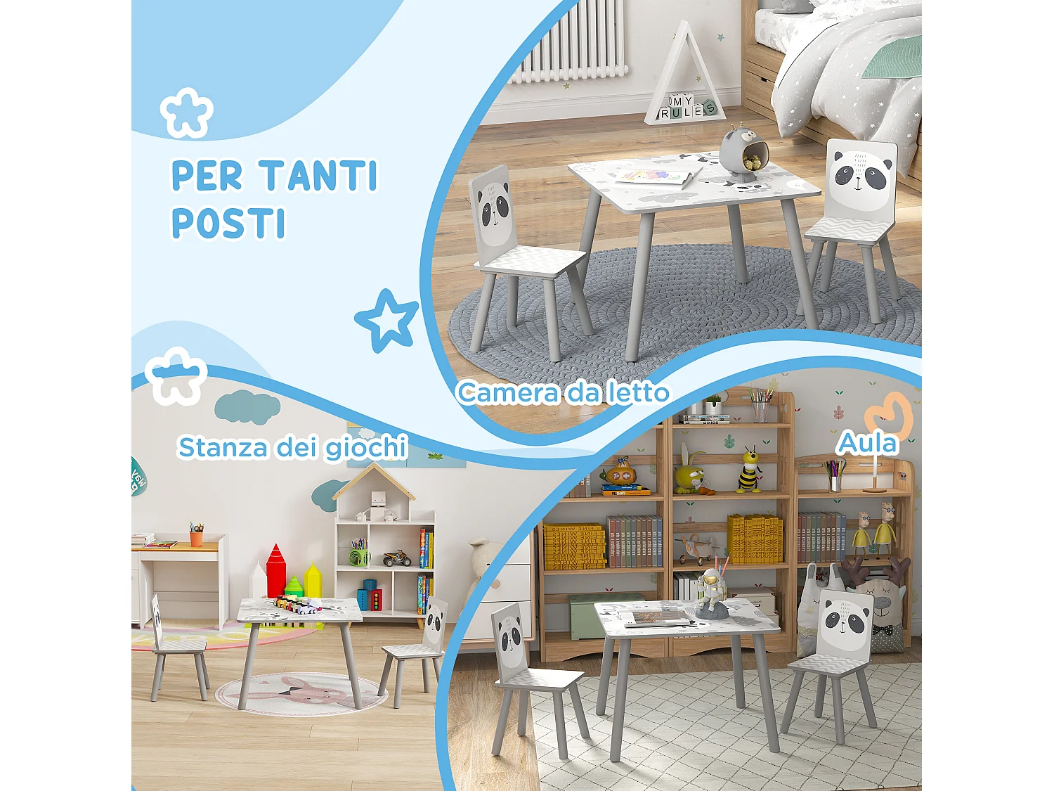 Set tavolo e 2 sedie per bambini 3-8 anni con disegni grigio