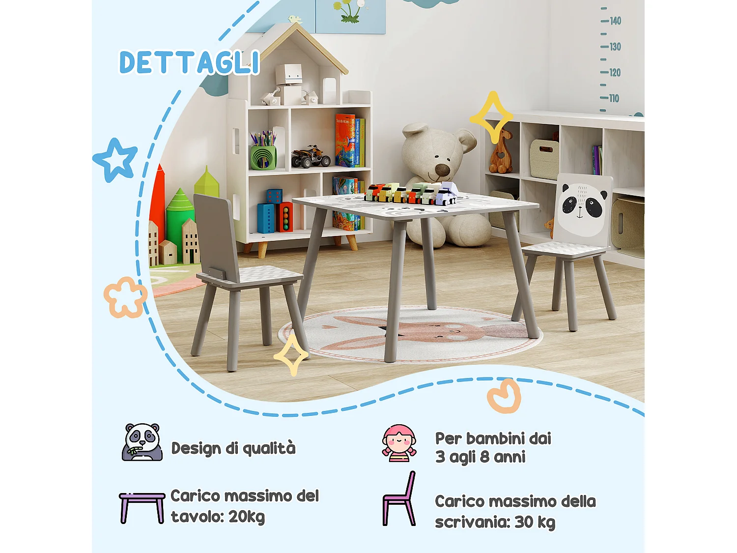 Set tavolo e 2 sedie per bambini 3-8 anni con disegni grigio