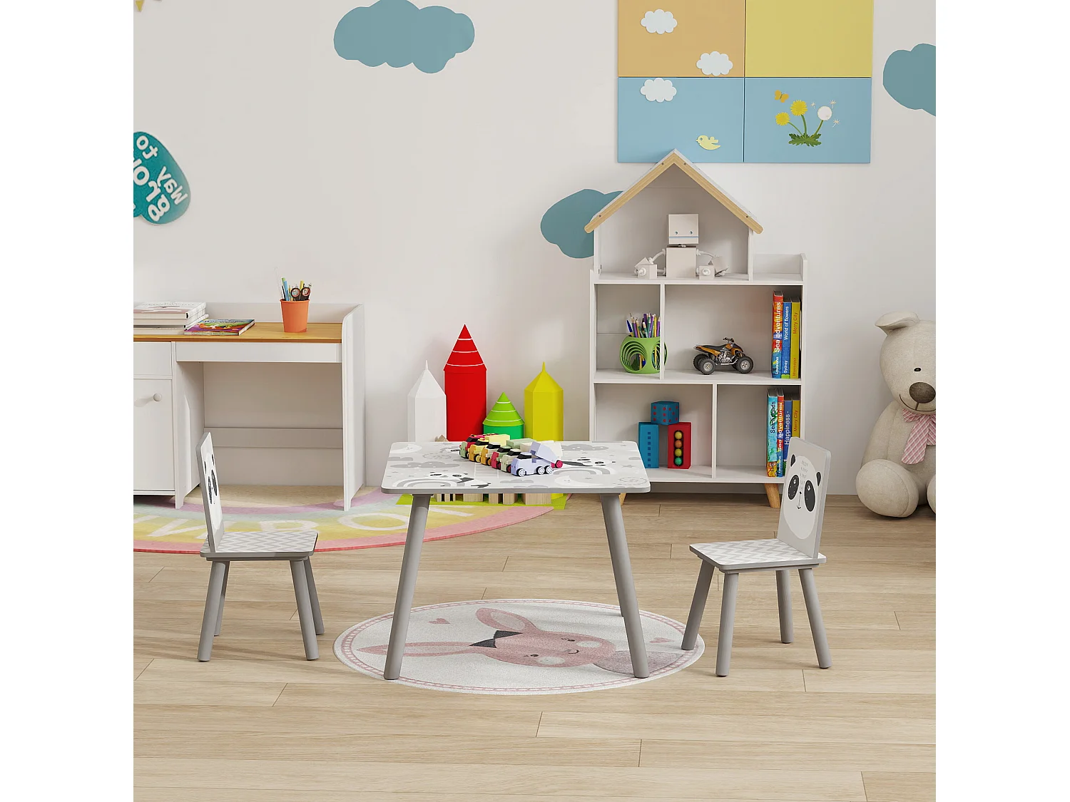 Set tavolo e 2 sedie per bambini 3-8 anni con disegni grigio