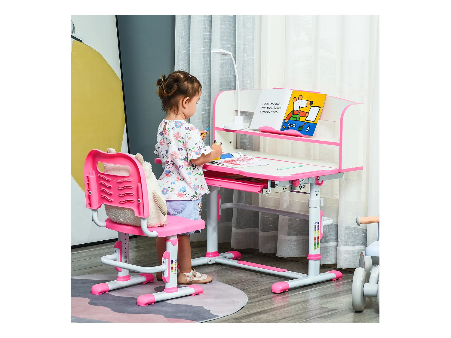 Banco scuola per bambini con luce led, leggio e portapenne rosa