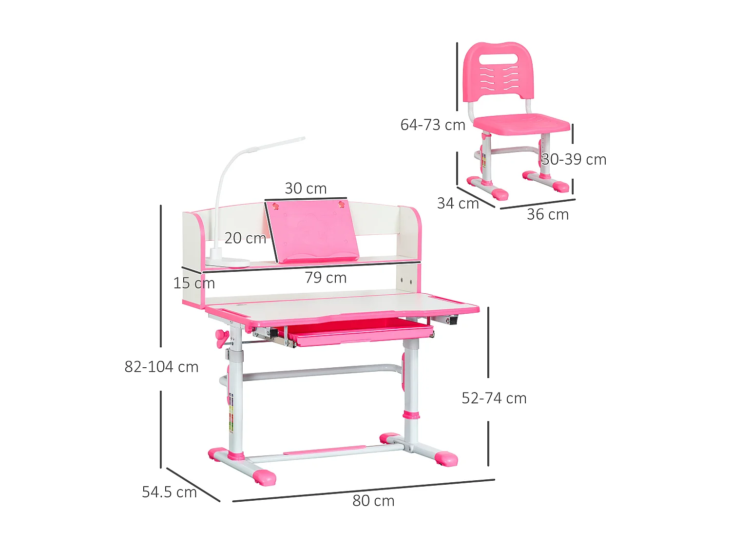 Banco scuola per bambini con luce led, leggio e portapenne rosa