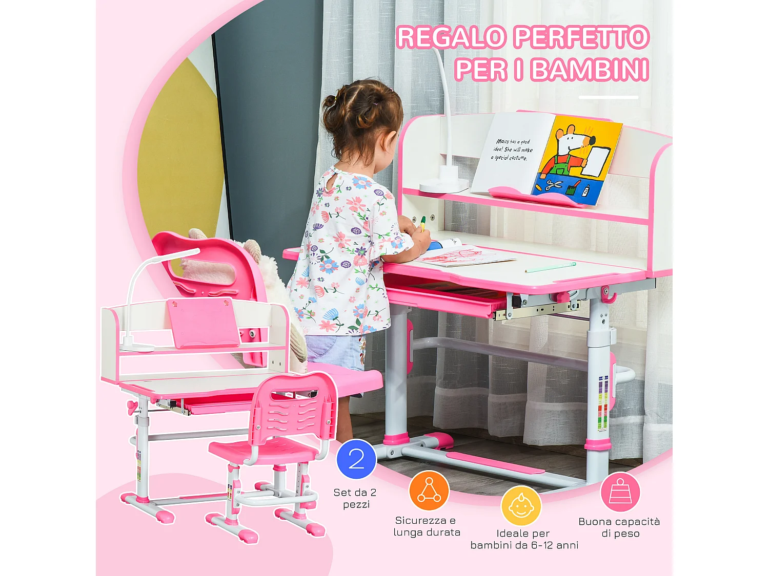 Banco scuola per bambini con luce led, leggio e portapenne rosa