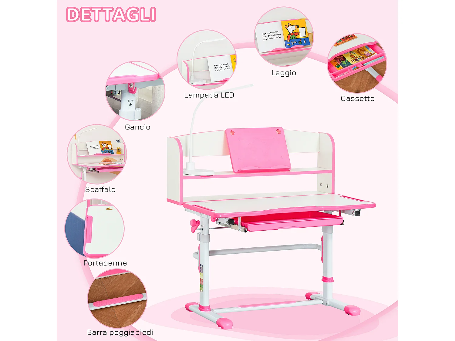 Banco scuola per bambini con luce led, leggio e portapenne rosa