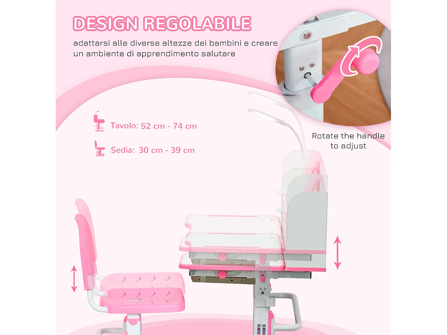Banco scuola per bambini con luce led, leggio e portapenne rosa