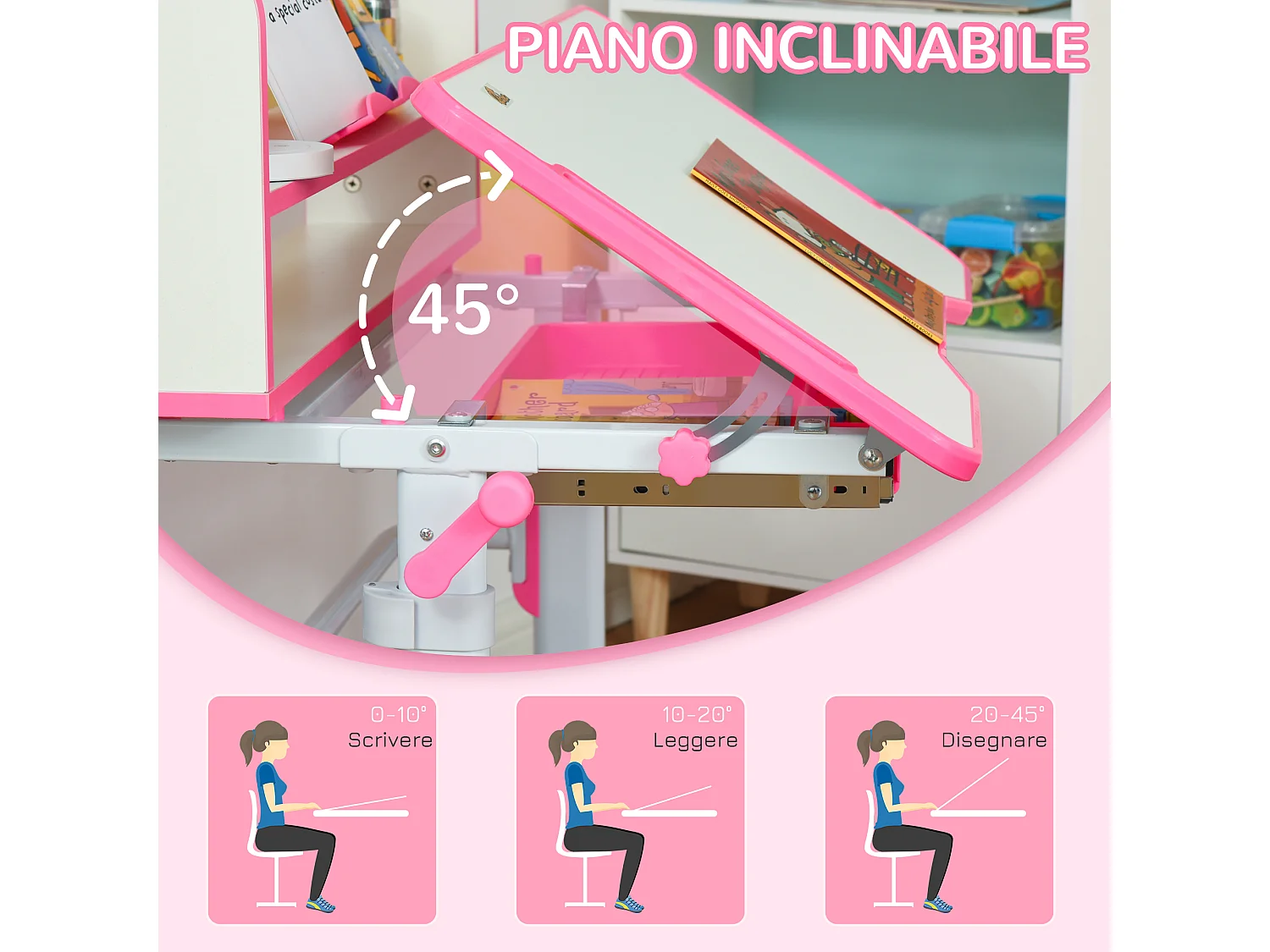 Banco scuola per bambini con luce led, leggio e portapenne rosa