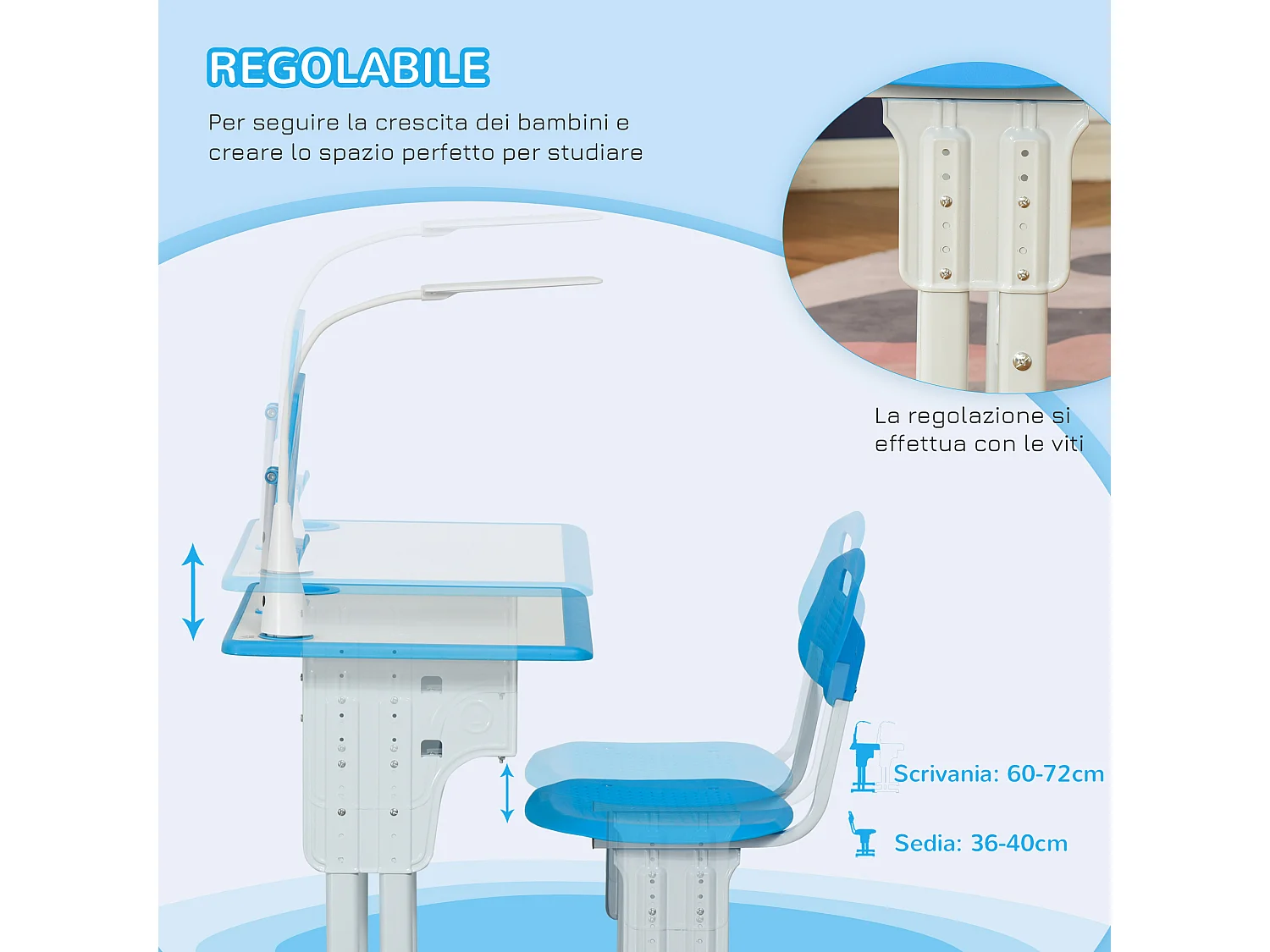 Banco scuola con sedia età 6-12 anni altezza regolabile lampada