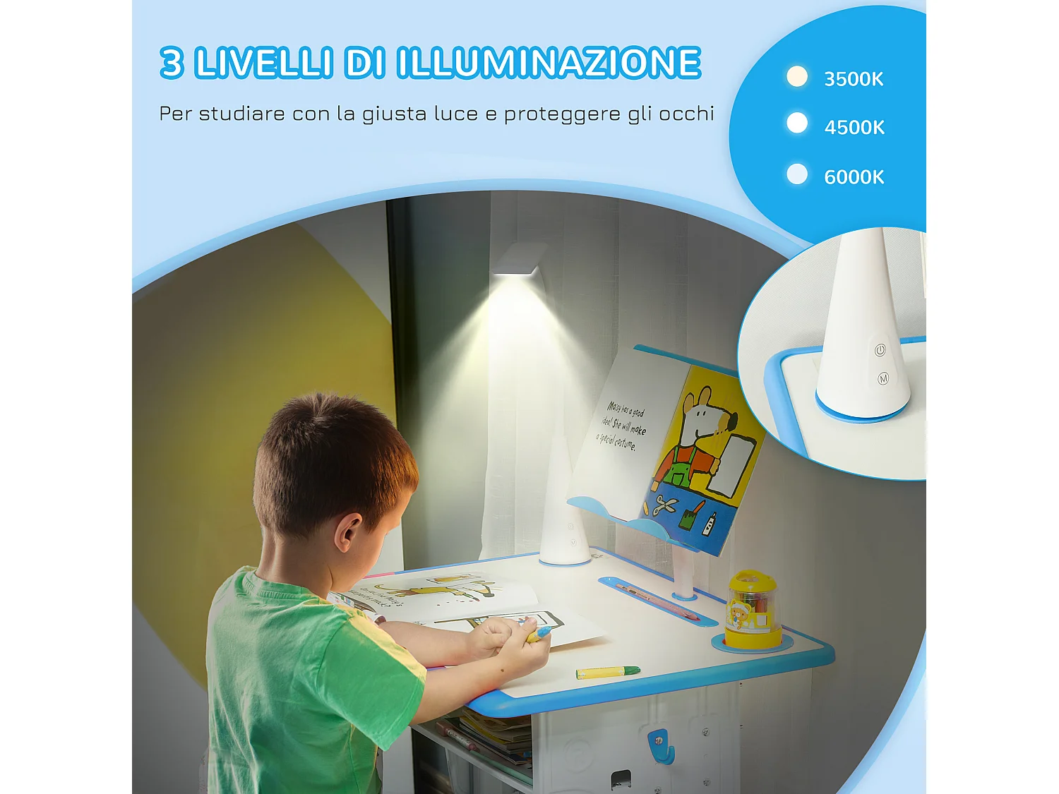Banco scuola con sedia età 6-12 anni altezza regolabile lampada