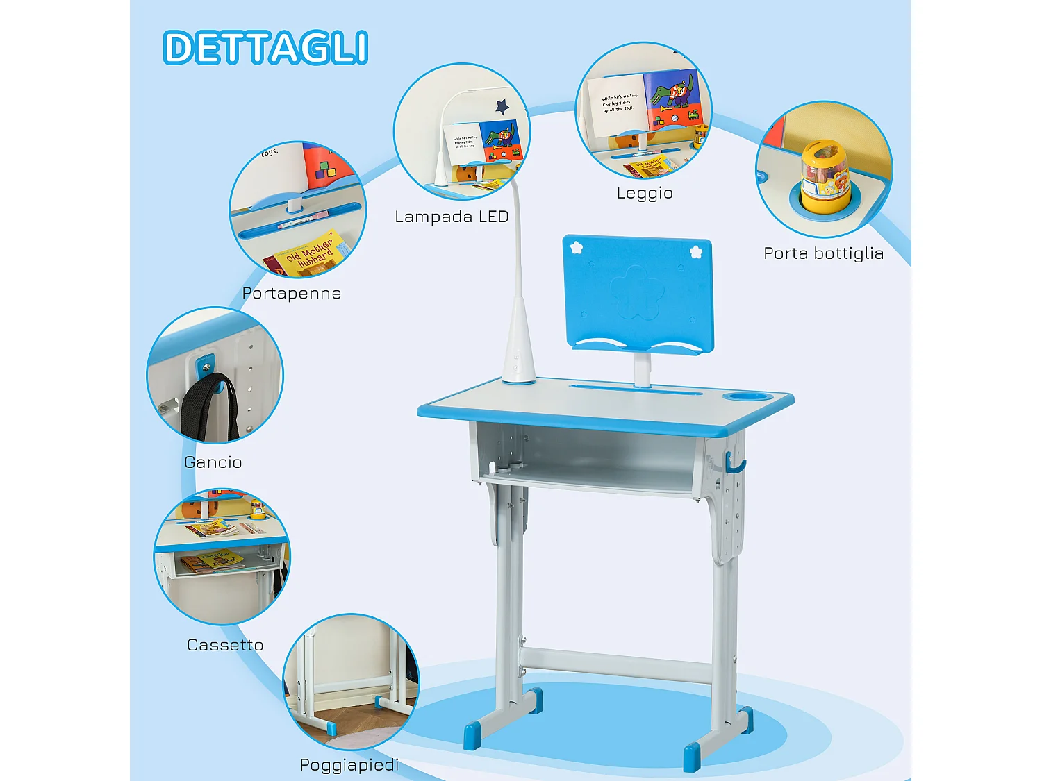 Banco scuola con sedia età 6-12 anni altezza regolabile lampada