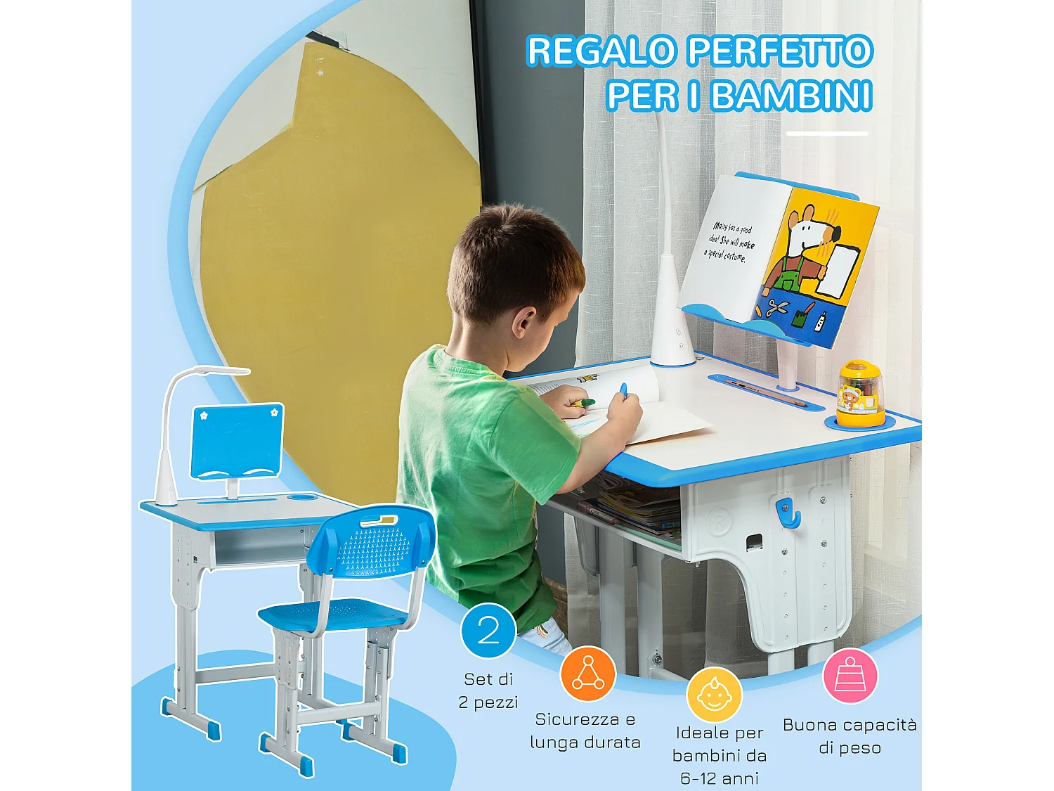 Banco scuola con sedia età 6-12 anni altezza regolabile lampada