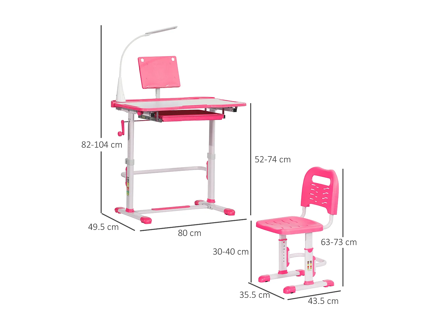 Set scrivania per bambini con sedia regolabili in altezza e luce rosa