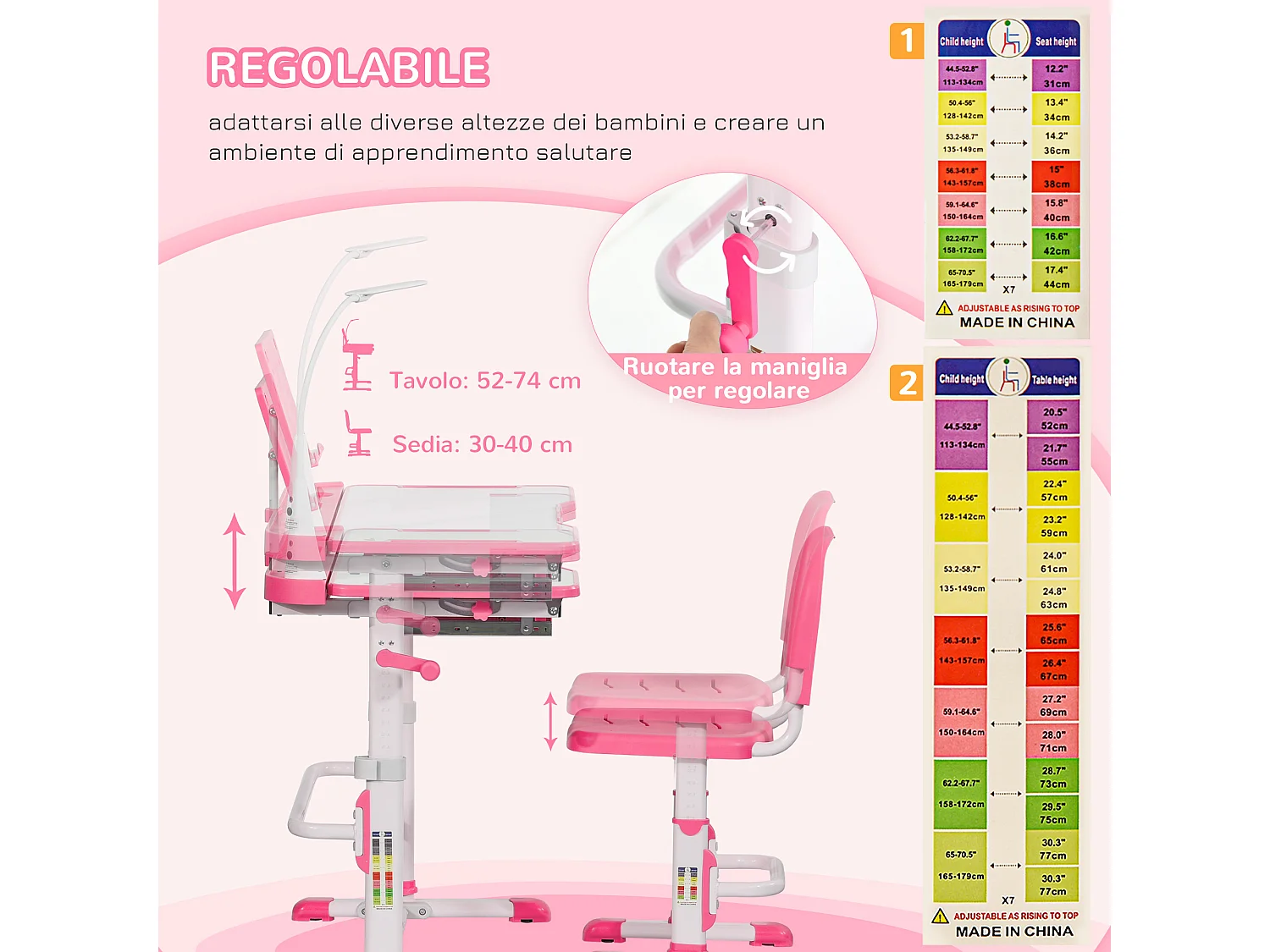 Set scrivania per bambini con sedia regolabili in altezza e luce rosa
