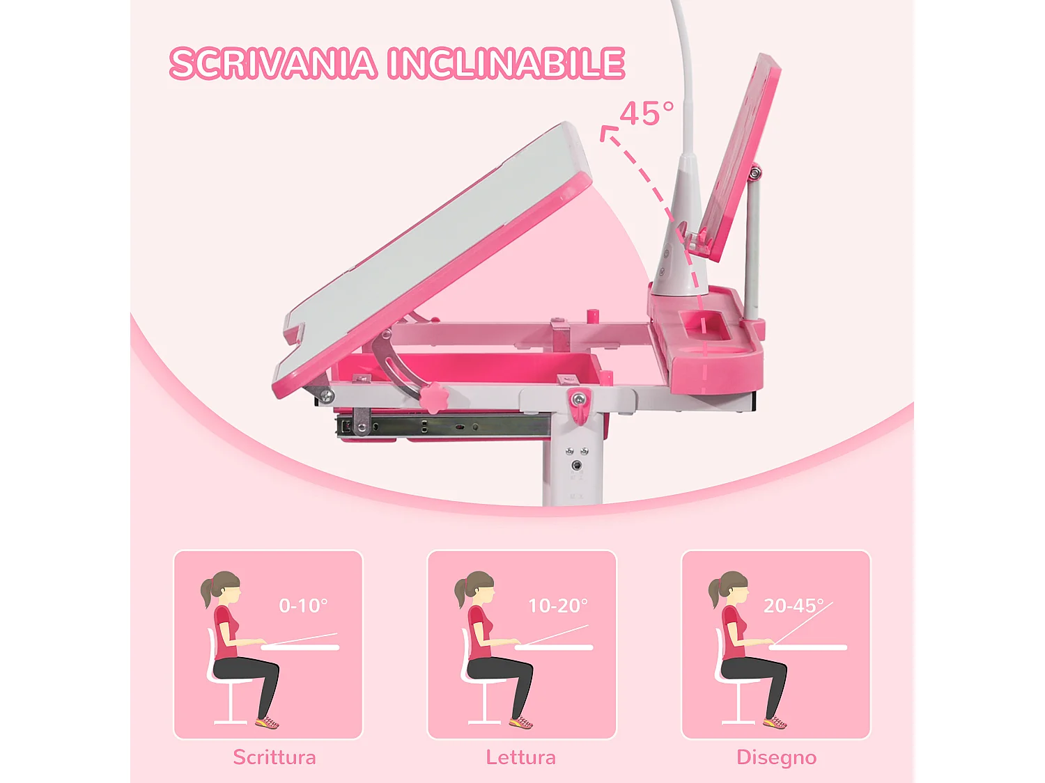 Set scrivania per bambini con sedia regolabili in altezza e luce rosa