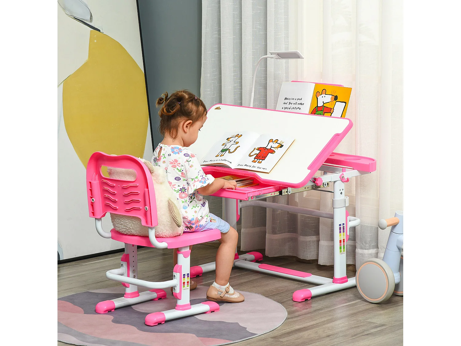Set scrivania per bambini con sedia regolabili in altezza e luce rosa