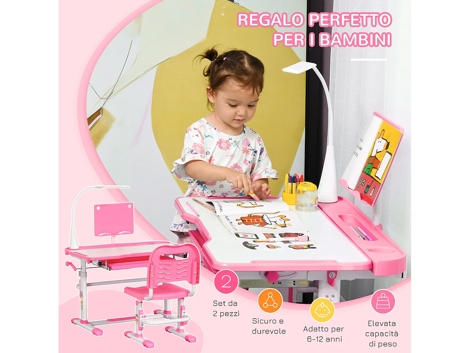 Set scrivania per bambini con sedia regolabili in altezza e luce rosa