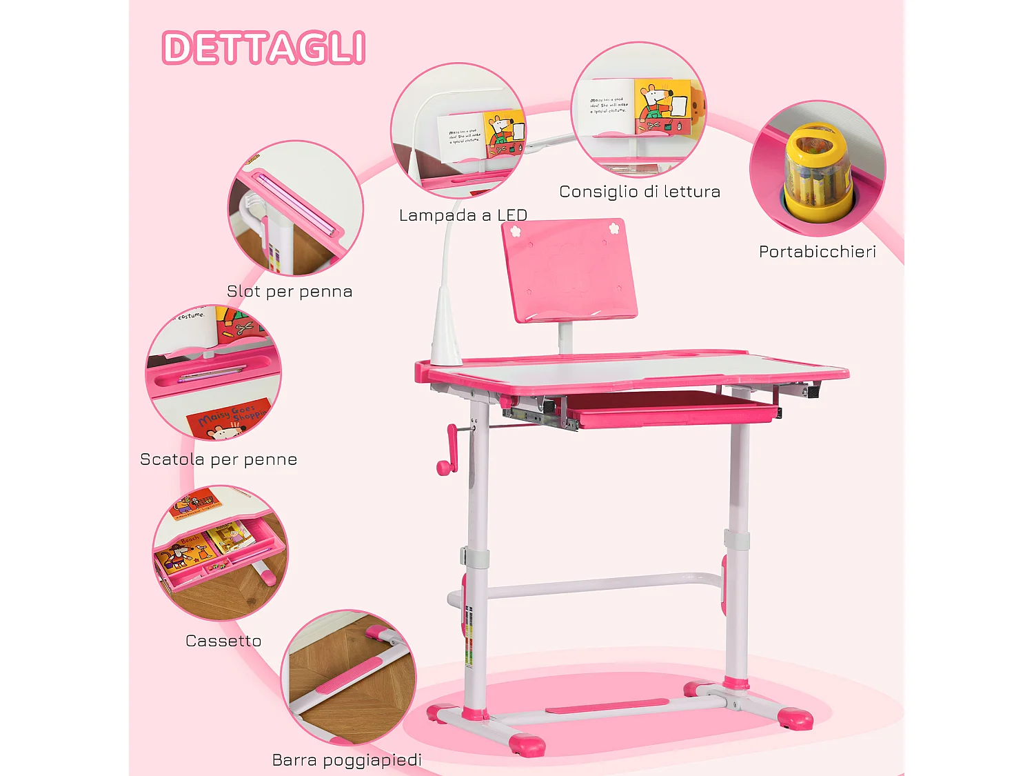 Set scrivania per bambini con sedia regolabili in altezza e luce rosa