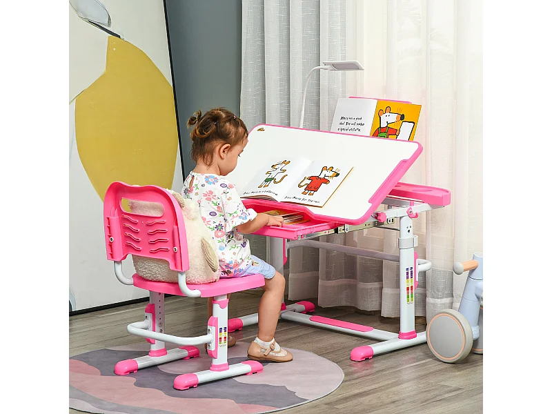 Set scrivania per bambini con sedia regolabili in altezza e luce rosa