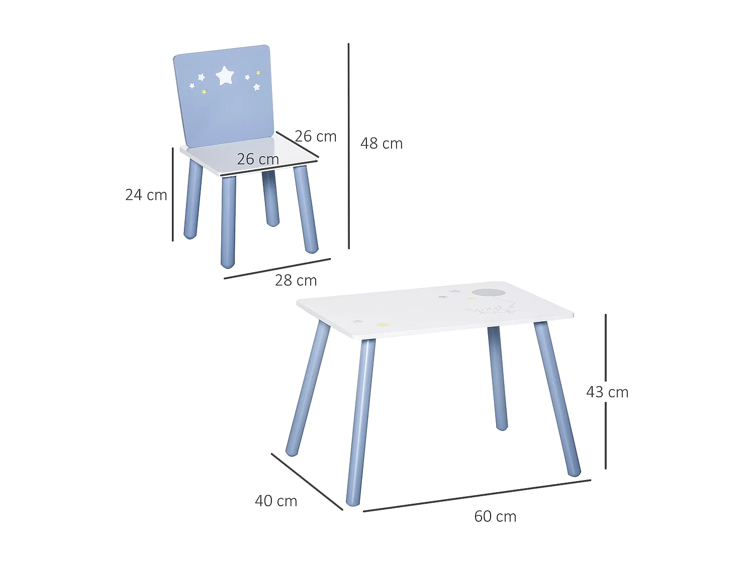 Set 3 pezzi tavolo con sedie bambini in legno azzurro e bianco