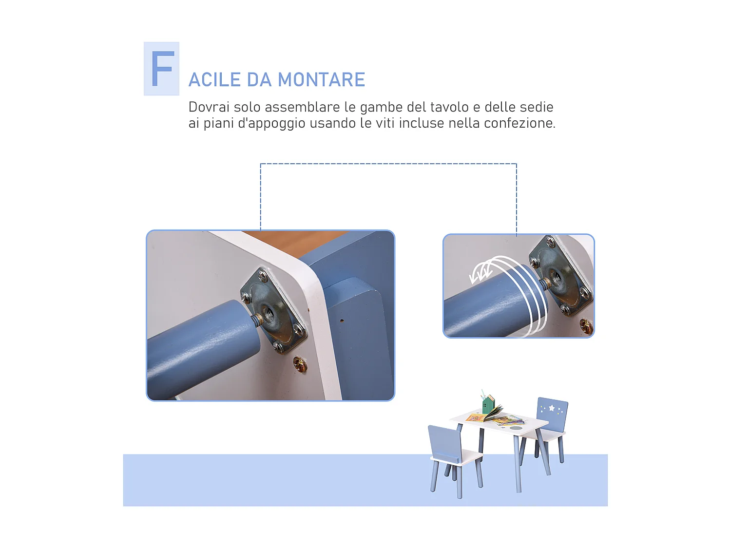 Set 3 pezzi tavolo con sedie bambini in legno azzurro e bianco