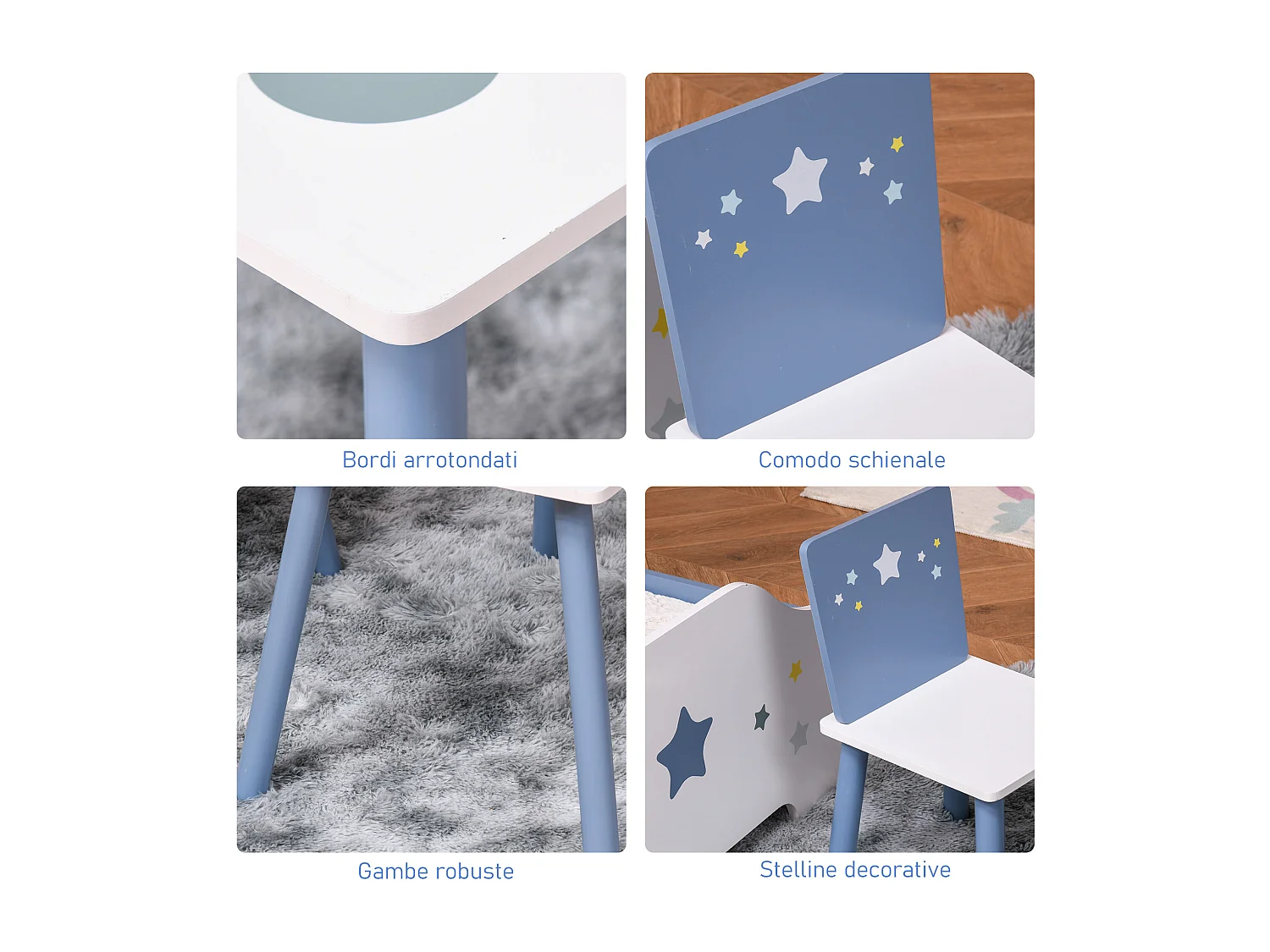 Set 3 pezzi tavolo con sedie bambini in legno azzurro e bianco