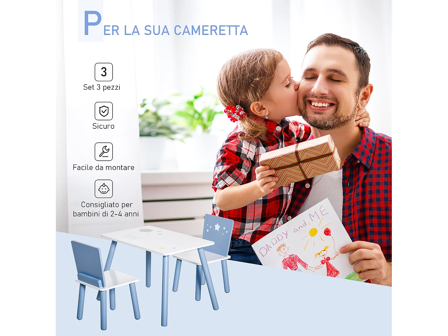 Set 3 pezzi tavolo con sedie bambini in legno azzurro e bianco