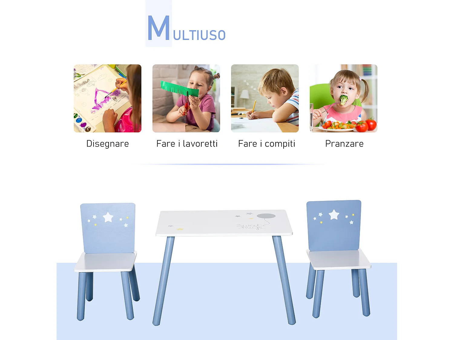 Set 3 pezzi tavolo con sedie bambini in legno azzurro e bianco