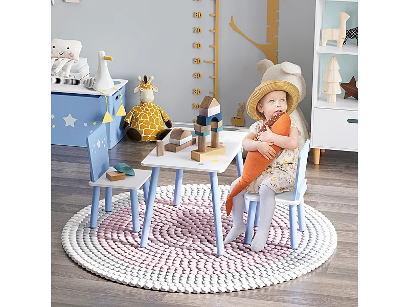 Set 3 pezzi tavolo con sedie bambini in legno azzurro e bianco