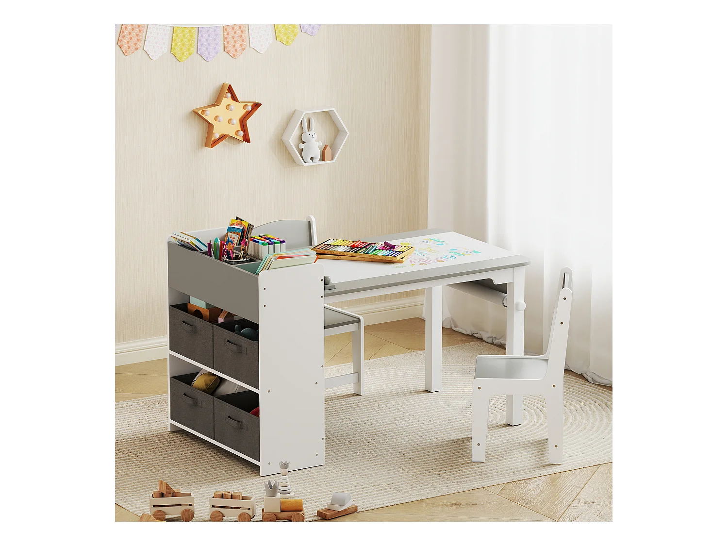 Set tavolo e sedie per bambini con 2 sedie e tavolino grigio e bianco