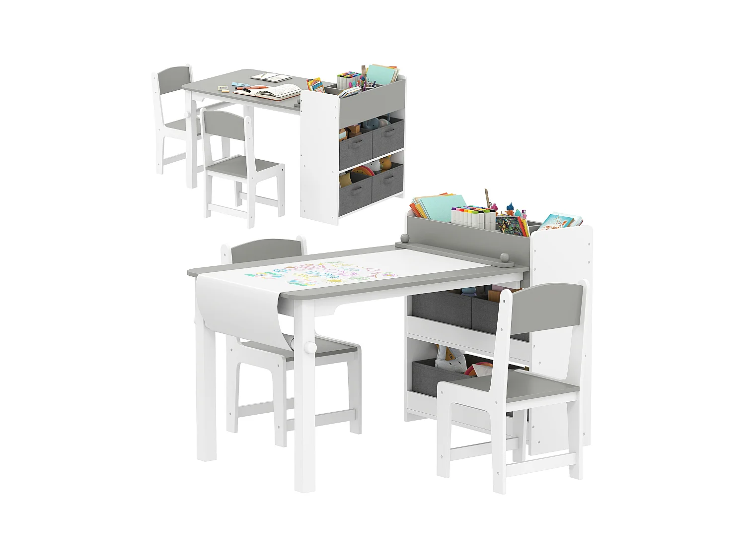 Set tavolo e sedie per bambini con 2 sedie e tavolino grigio e bianco