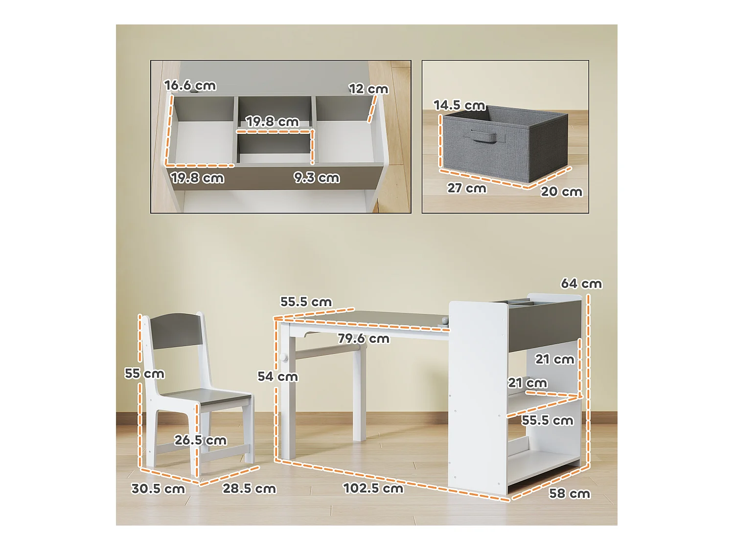 Set tavolo e sedie per bambini con 2 sedie e tavolino grigio e bianco
