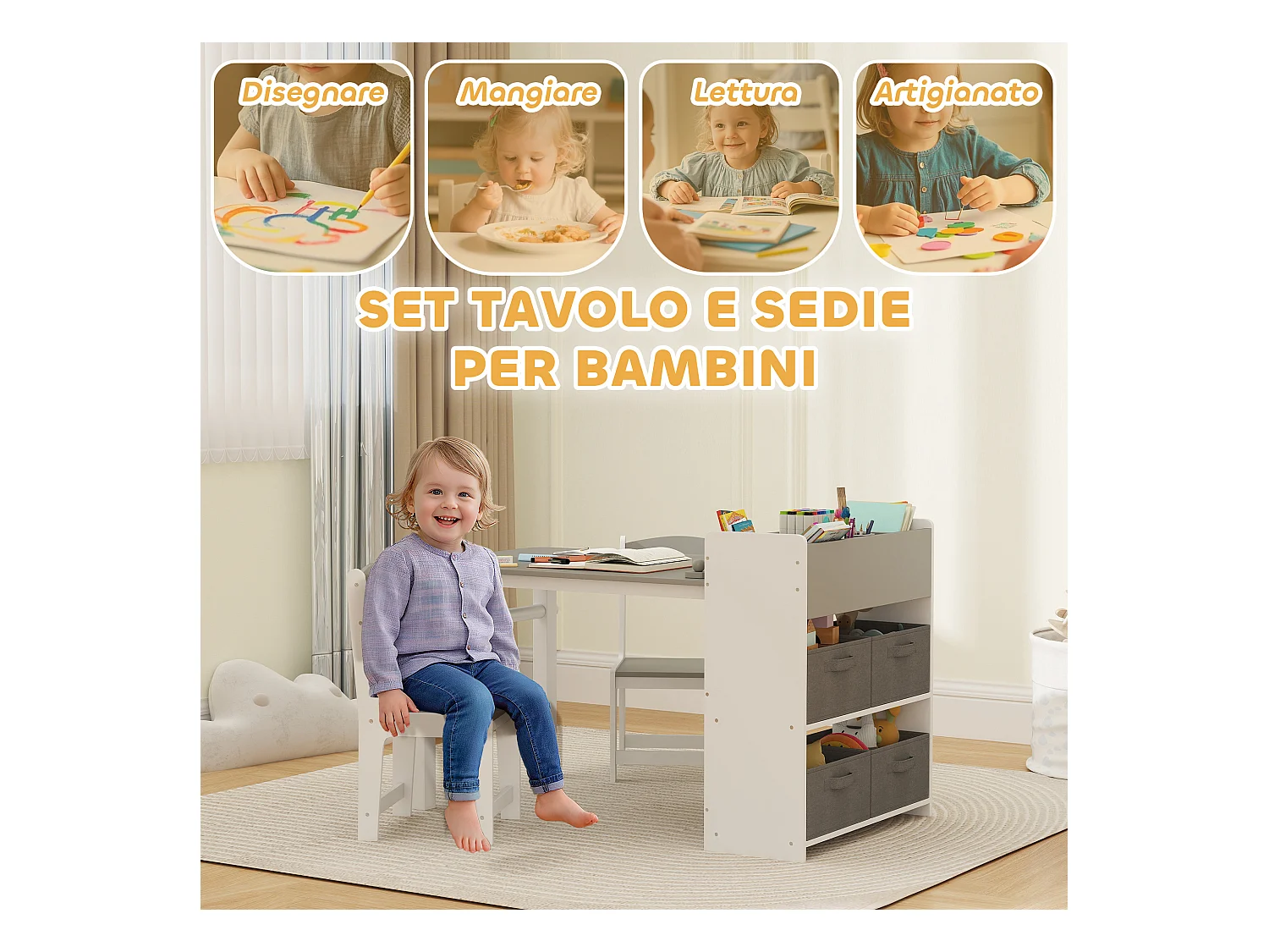 Set tavolo e sedie per bambini con 2 sedie e tavolino grigio e bianco