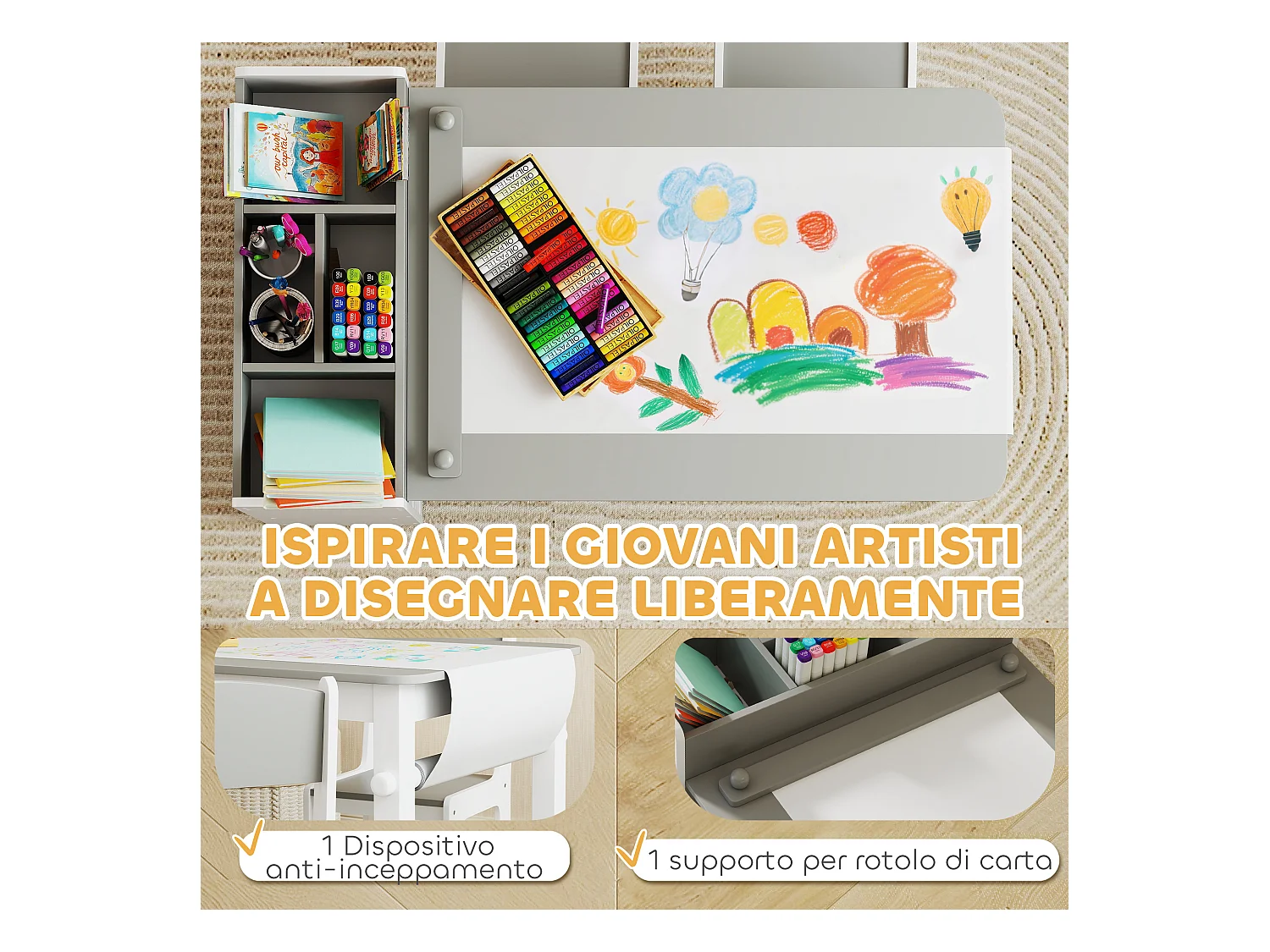 Set tavolo e sedie per bambini con 2 sedie e tavolino grigio e bianco