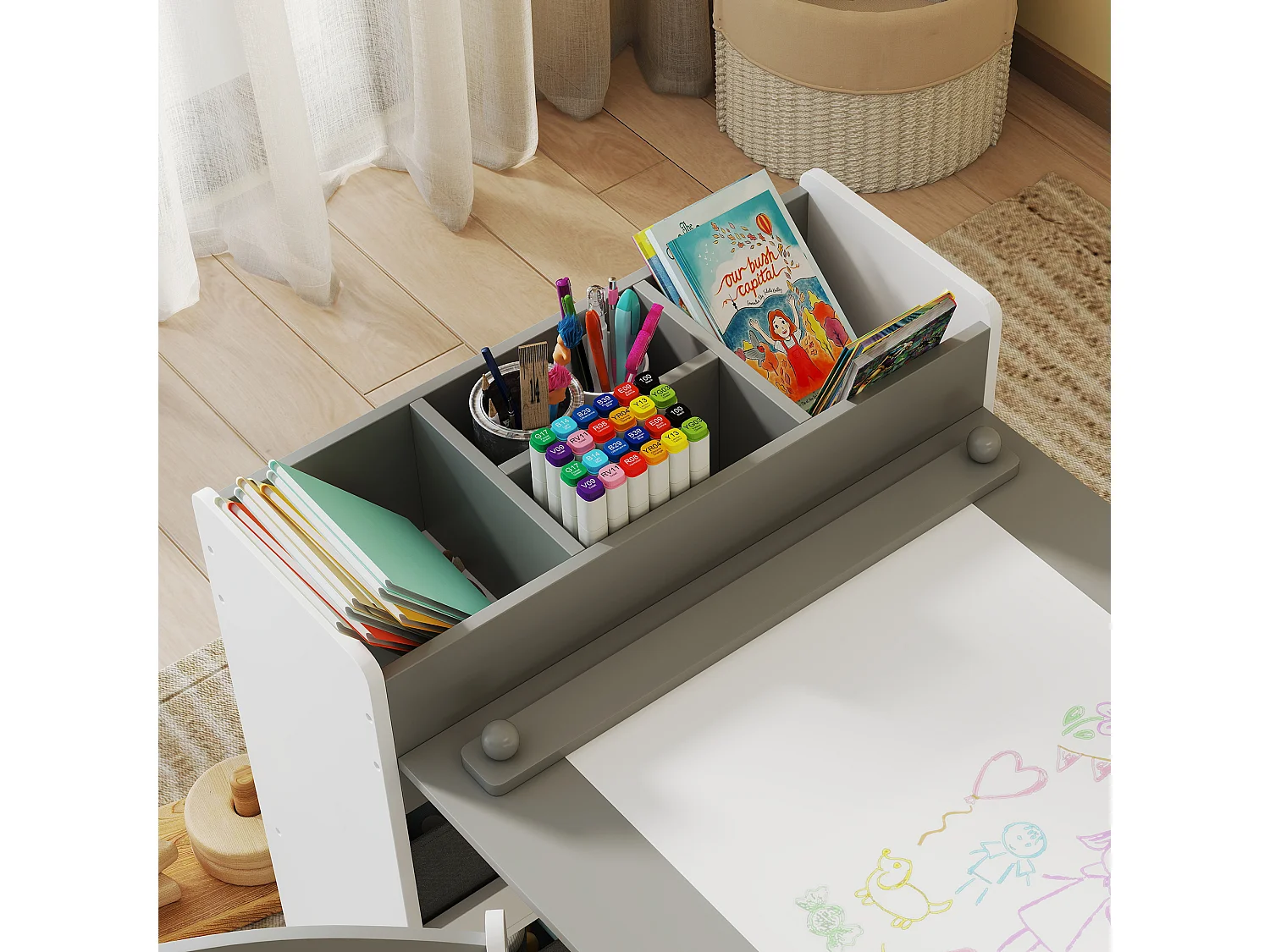 Set tavolo e sedie per bambini con 2 sedie e tavolino grigio e bianco