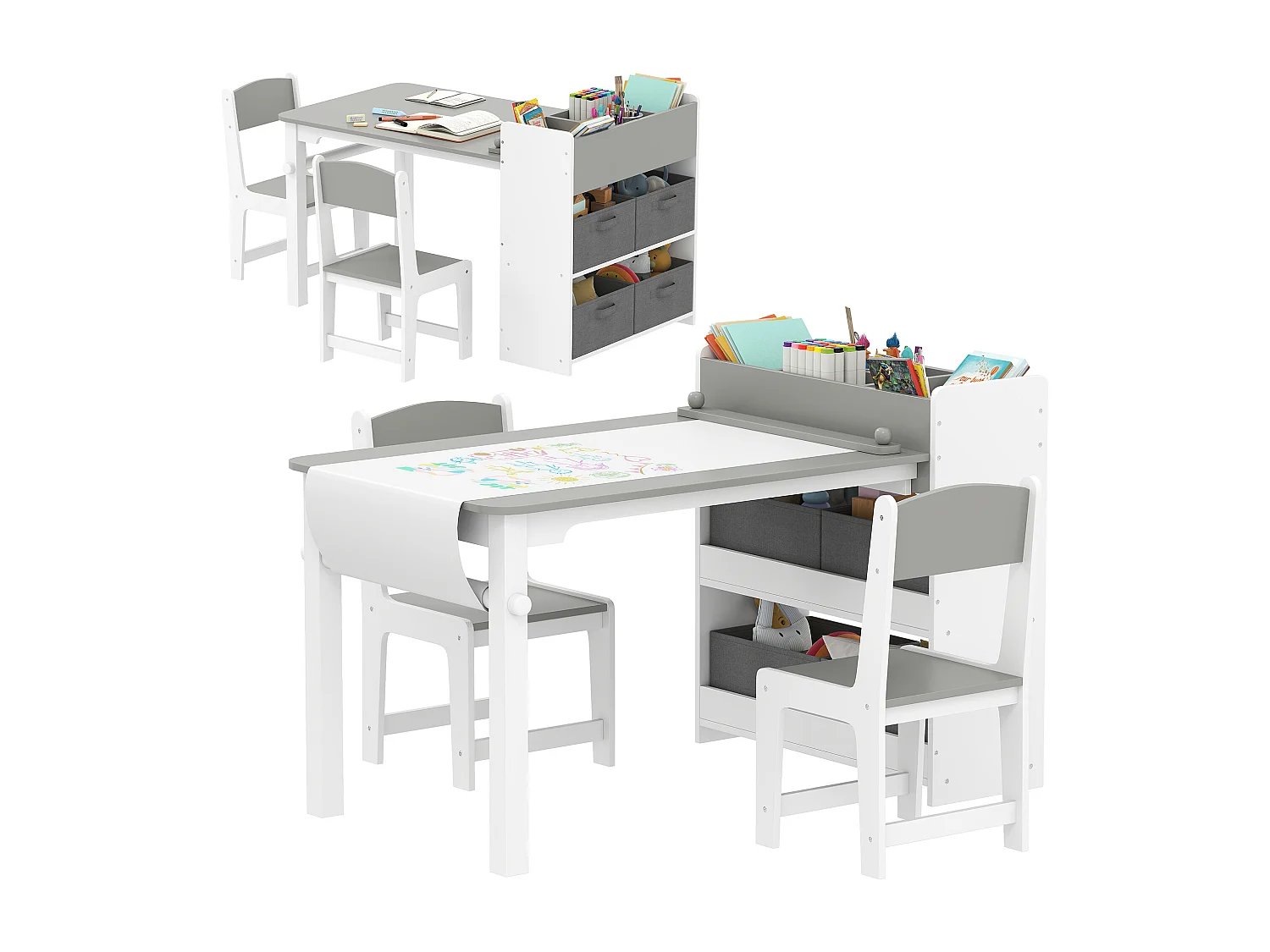 Set tavolo e sedie per bambini con 2 sedie e tavolino grigio e bianco