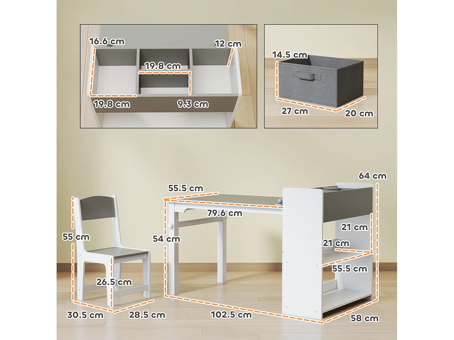 Set tavolo e sedie per bambini con 2 sedie e tavolino grigio e bianco