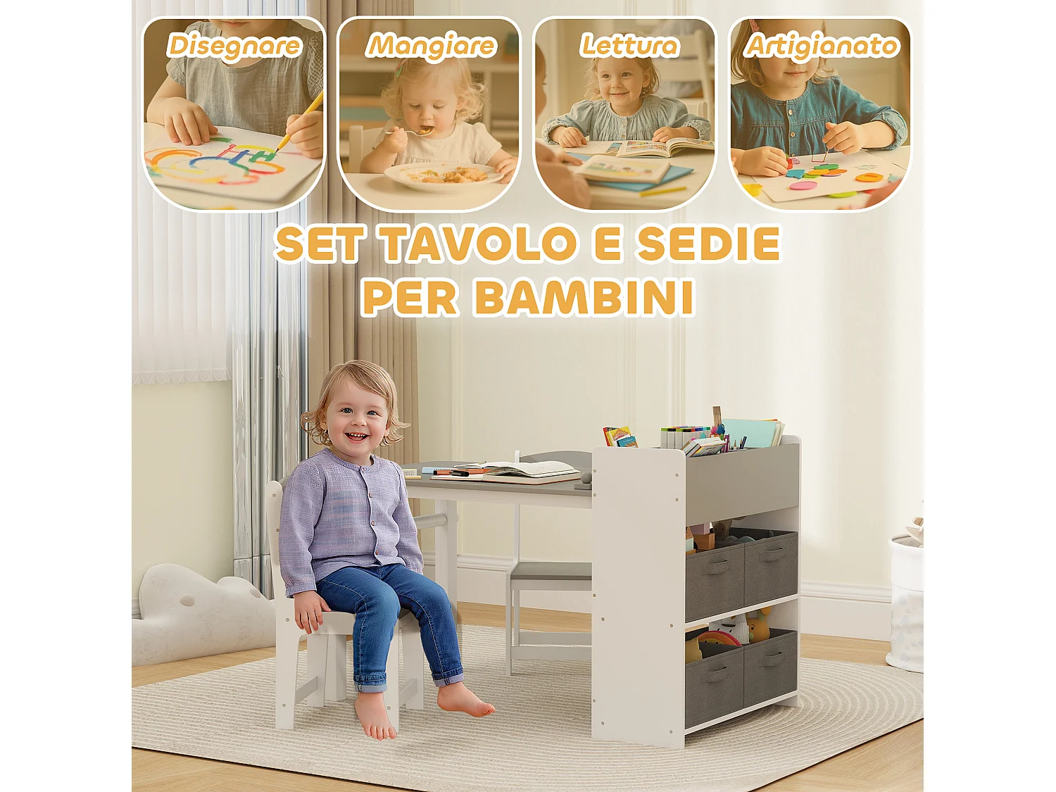 Set tavolo e sedie per bambini con 2 sedie e tavolino grigio e bianco