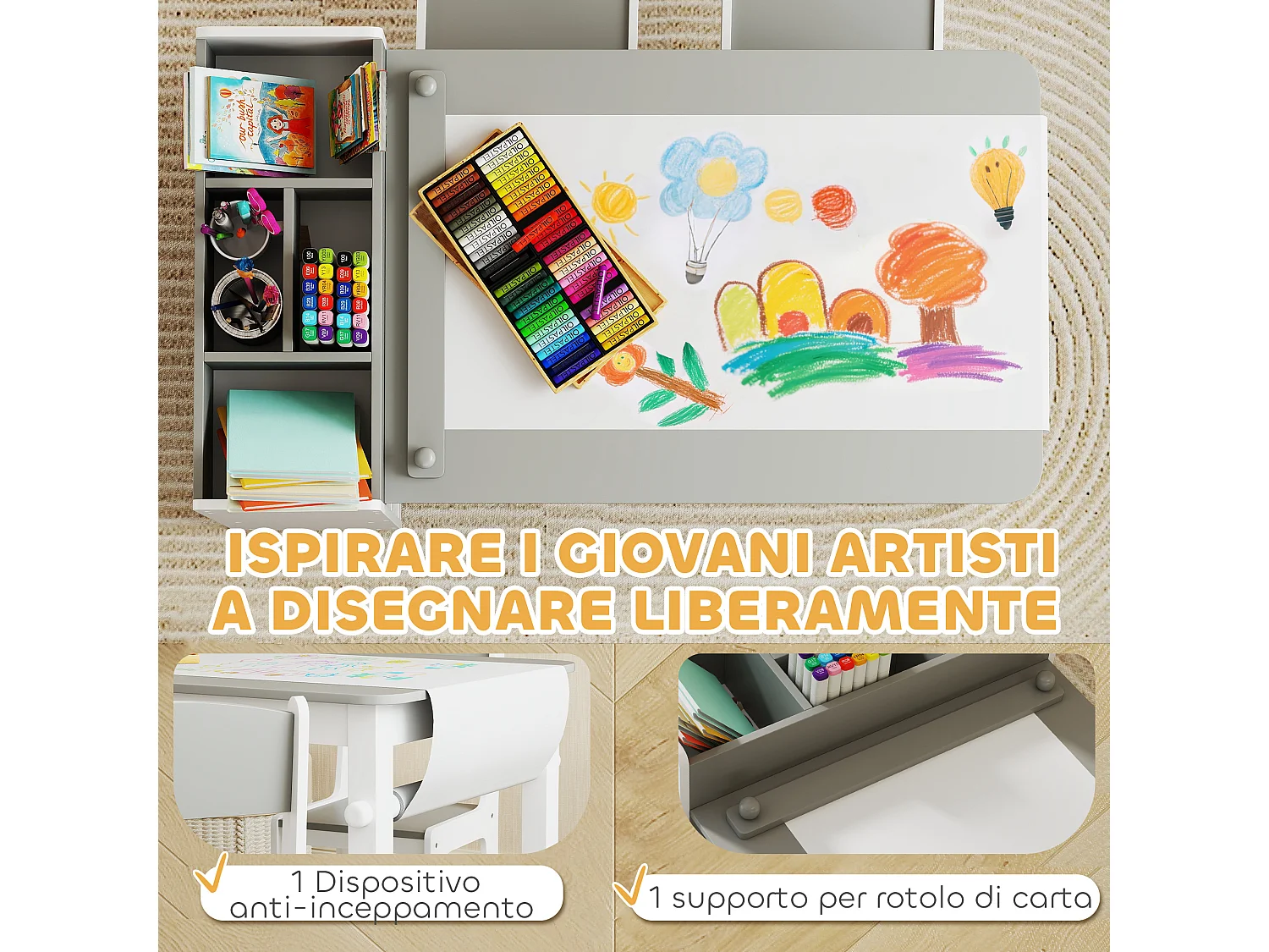 Set tavolo e sedie per bambini con 2 sedie e tavolino grigio e bianco