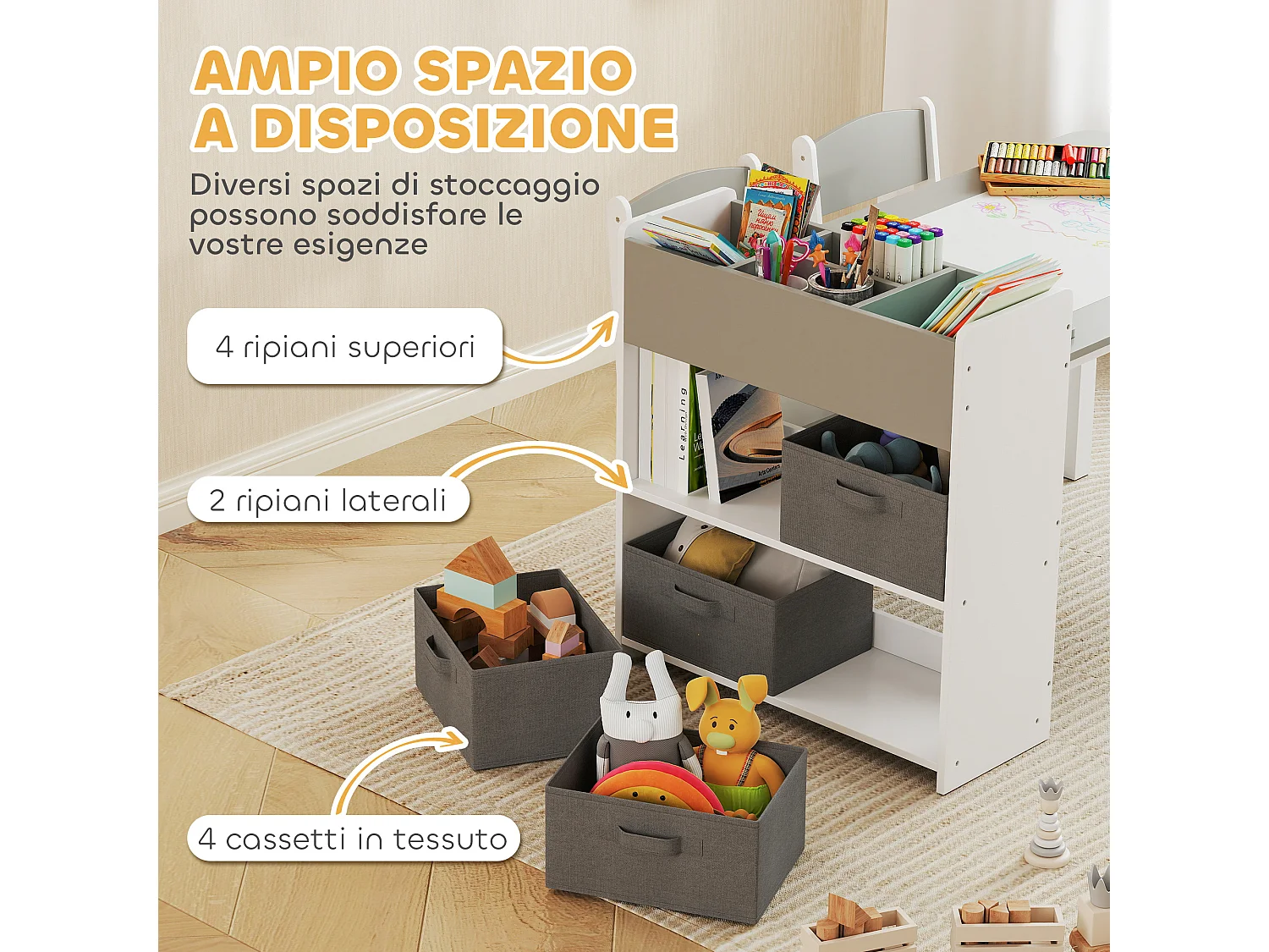 Set tavolo e sedie per bambini con 2 sedie e tavolino grigio e bianco