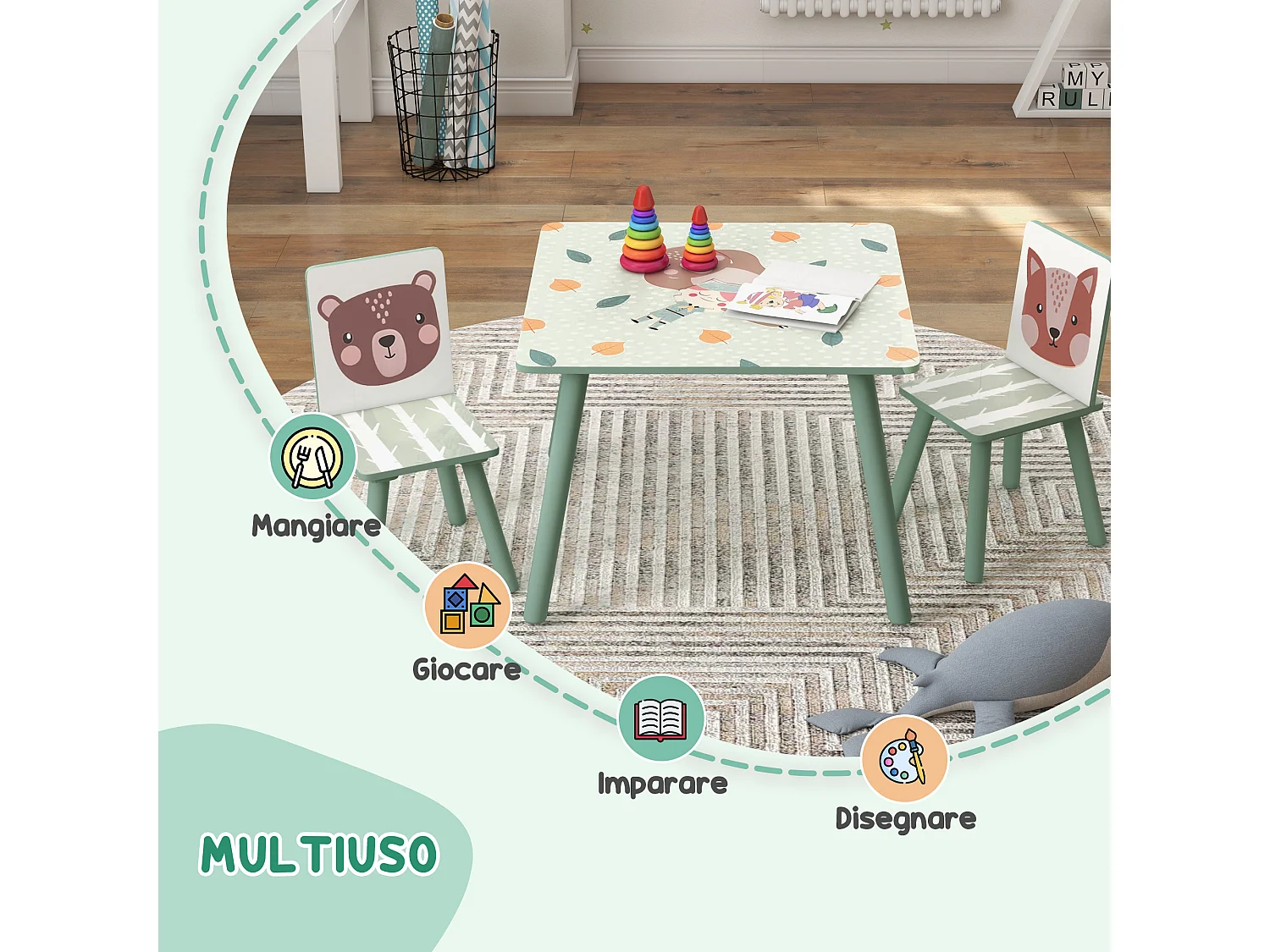 Set tavolo e sedie 3 pezzi per bambini 3-8 anni verde