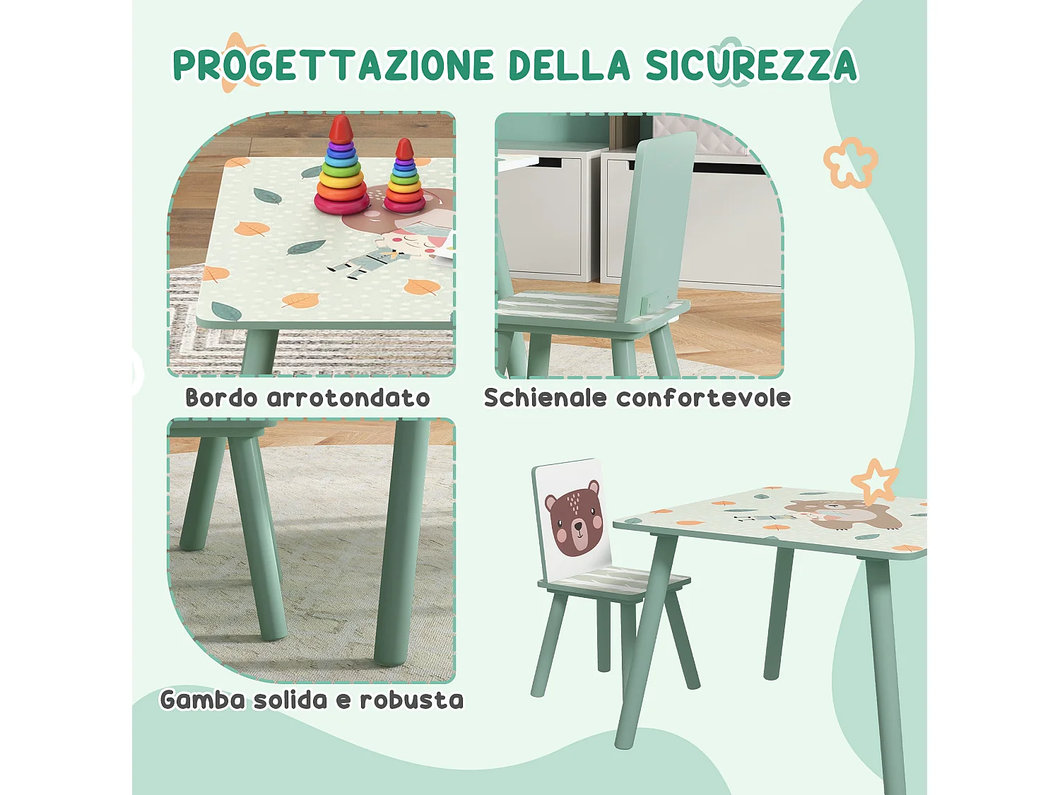 Set tavolo e sedie 3 pezzi per bambini 3-8 anni verde