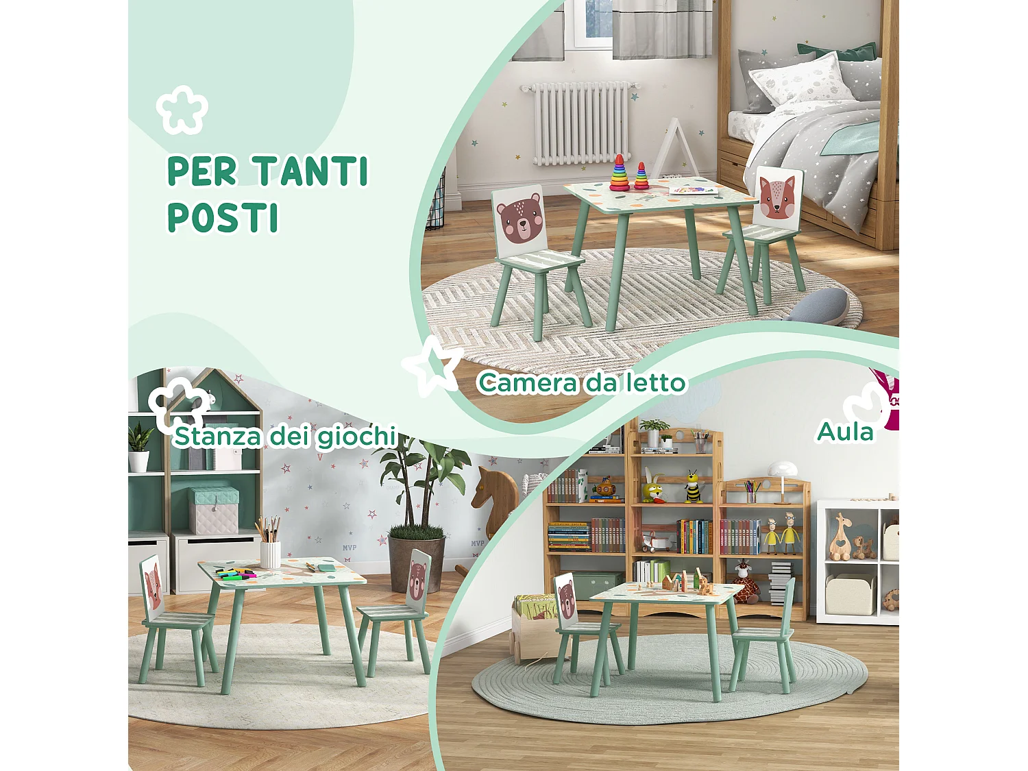 Set tavolo e sedie 3 pezzi per bambini 3-8 anni verde