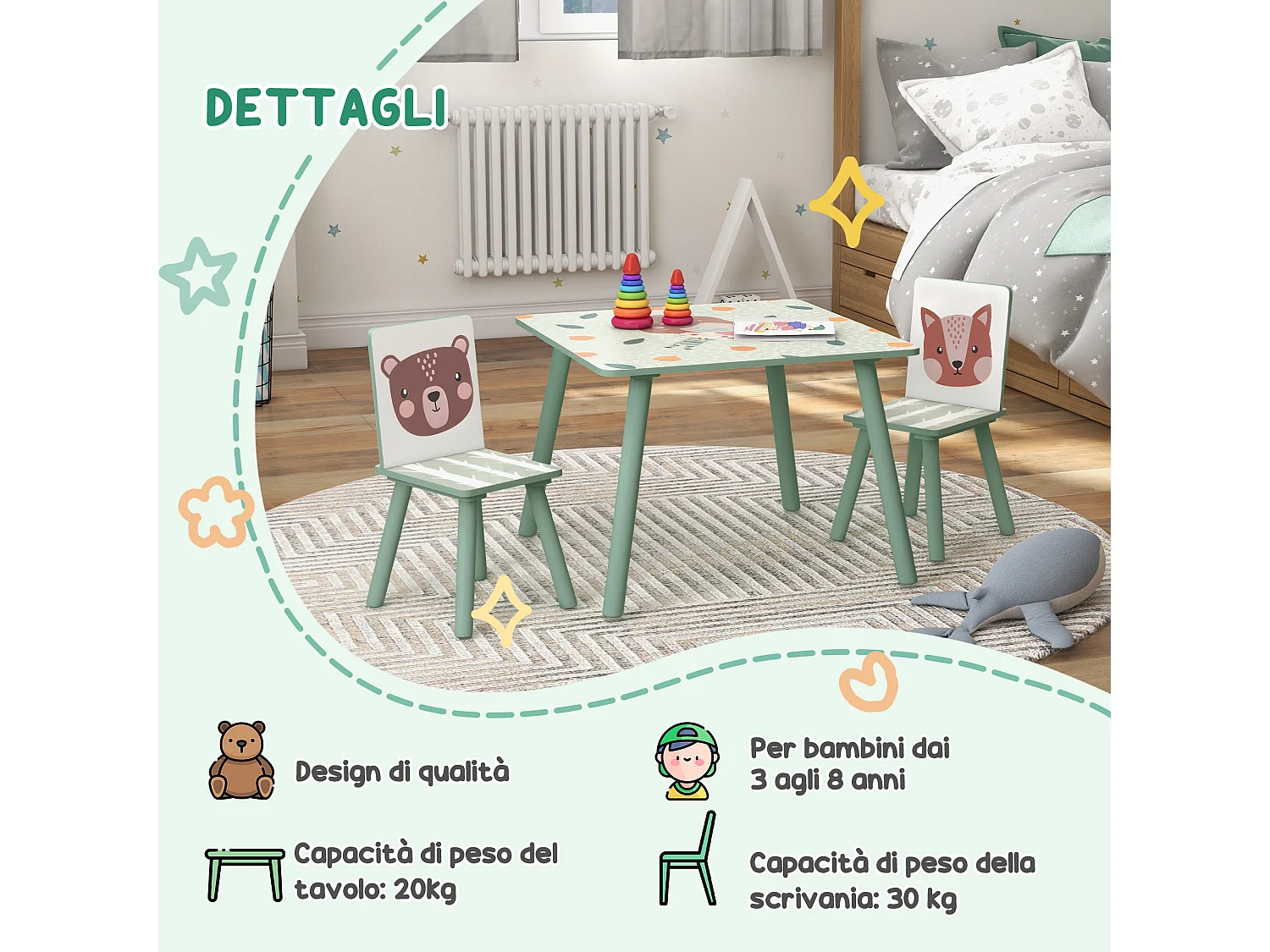 Set tavolo e sedie 3 pezzi per bambini 3-8 anni verde
