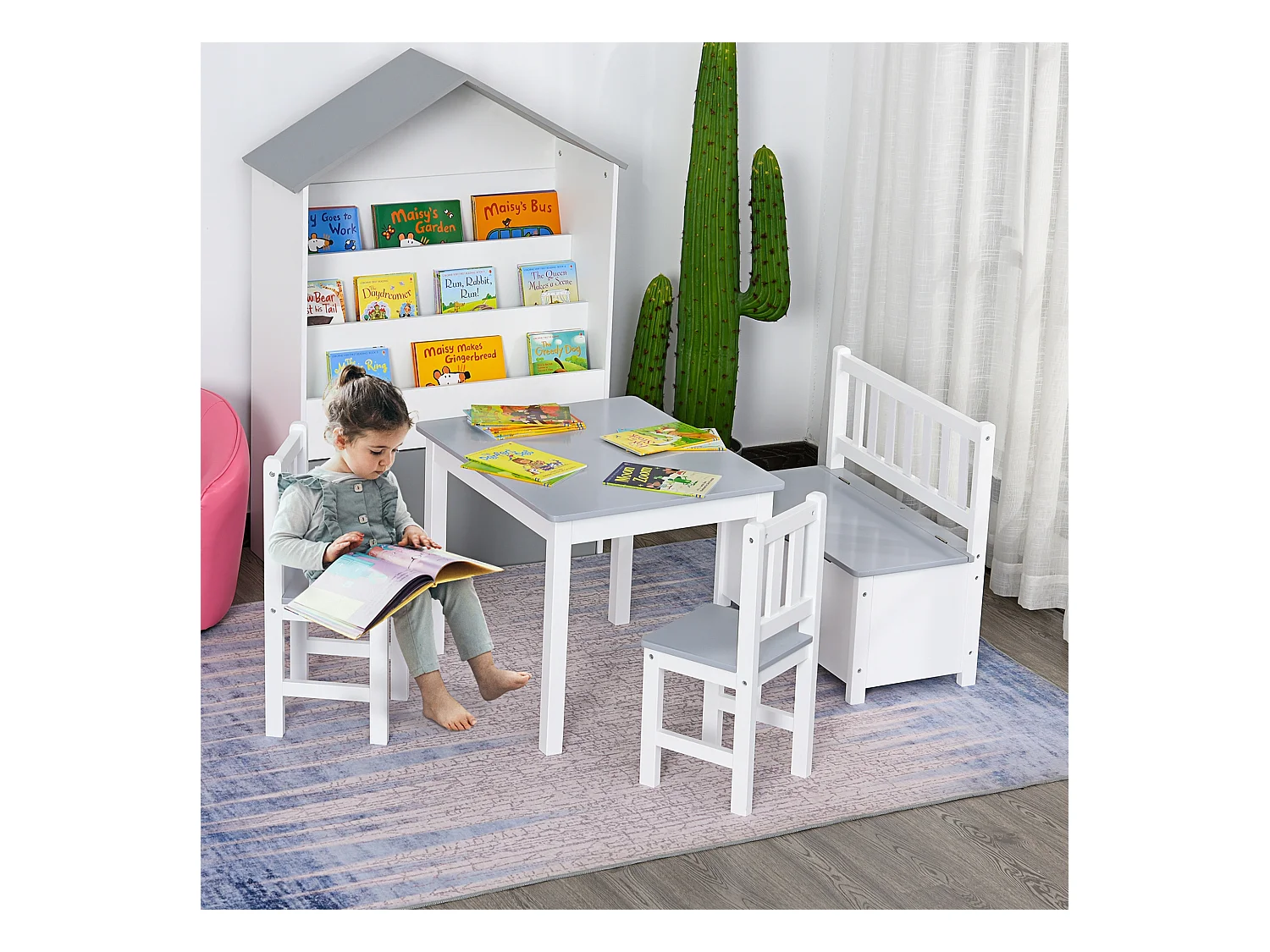 Set tavolo per bambini 2 sedie e cassapanca in legno bianco e grigio
