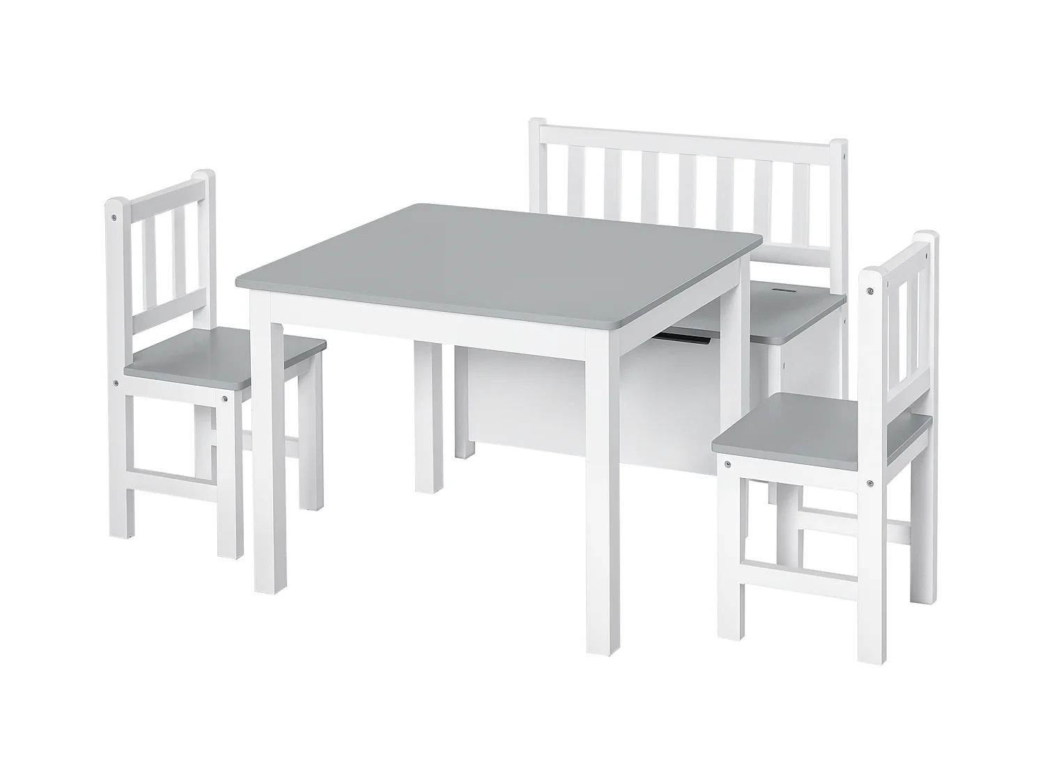 Set tavolo per bambini 2 sedie e cassapanca in legno bianco e grigio