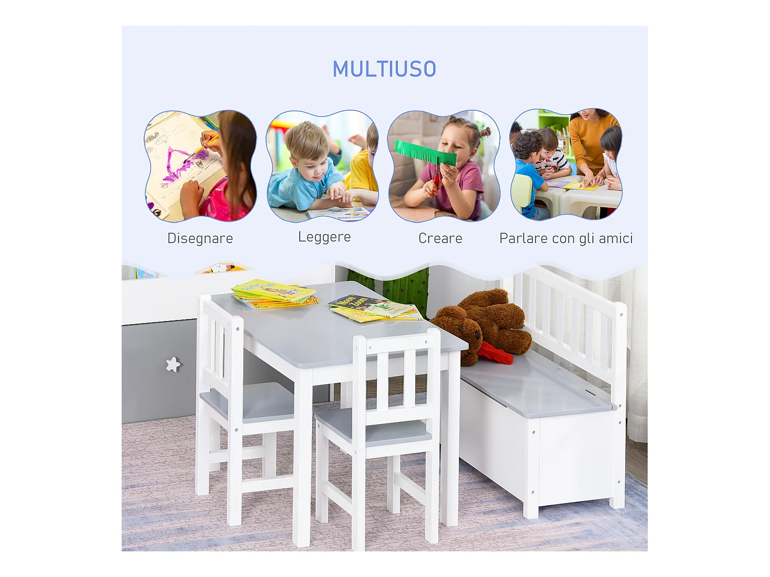 Set tavolo per bambini 2 sedie e cassapanca in legno bianco e grigio