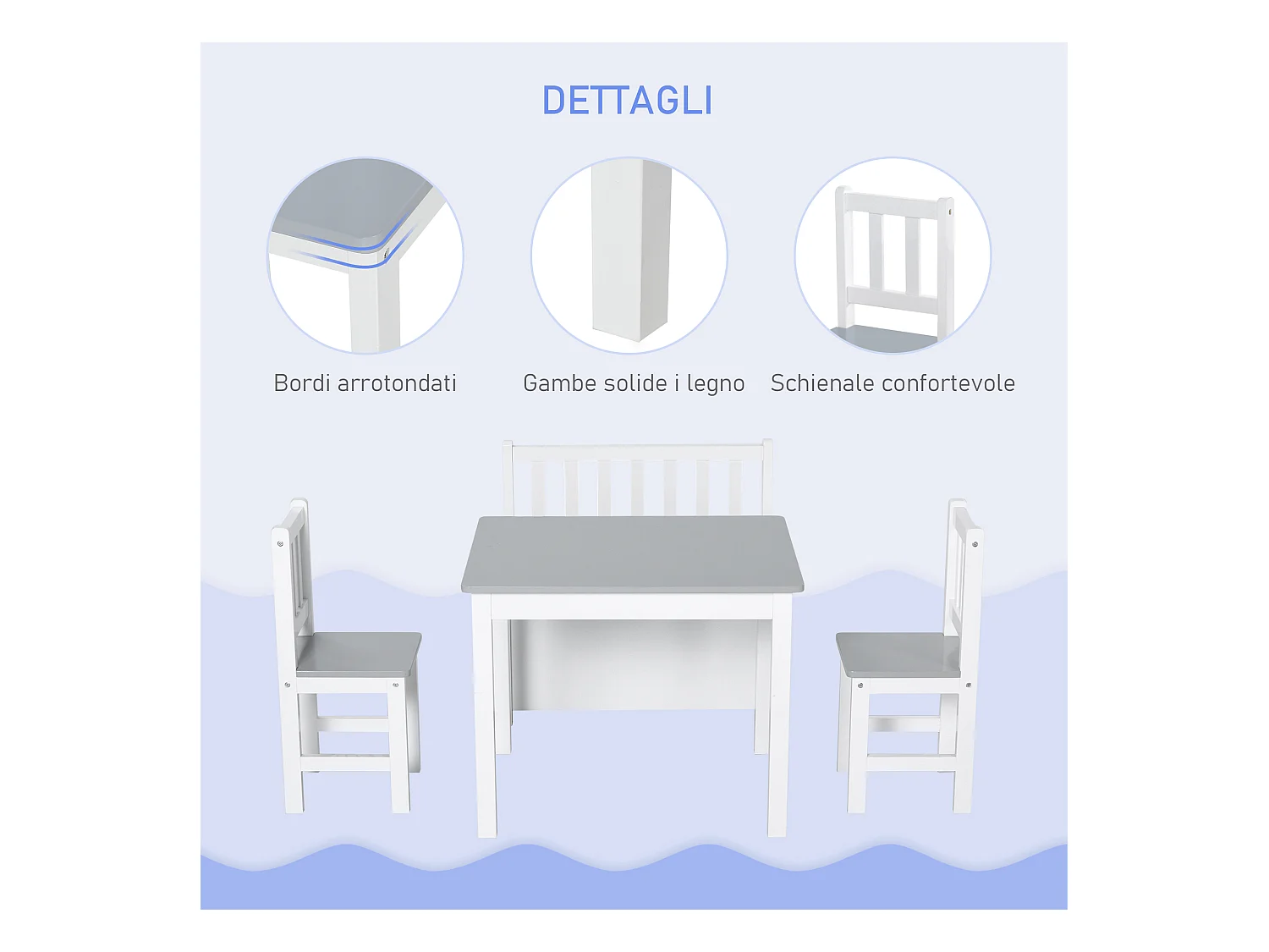 Set tavolo per bambini 2 sedie e cassapanca in legno bianco e grigio