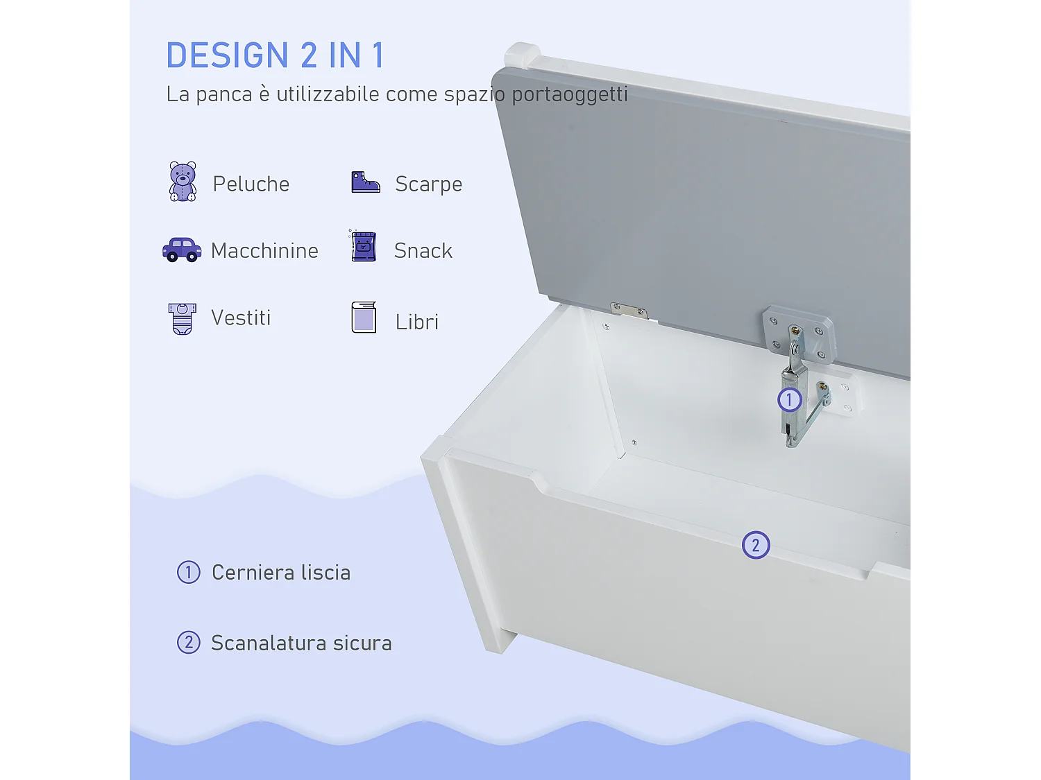 Set tavolo per bambini 2 sedie e cassapanca in legno bianco e grigio