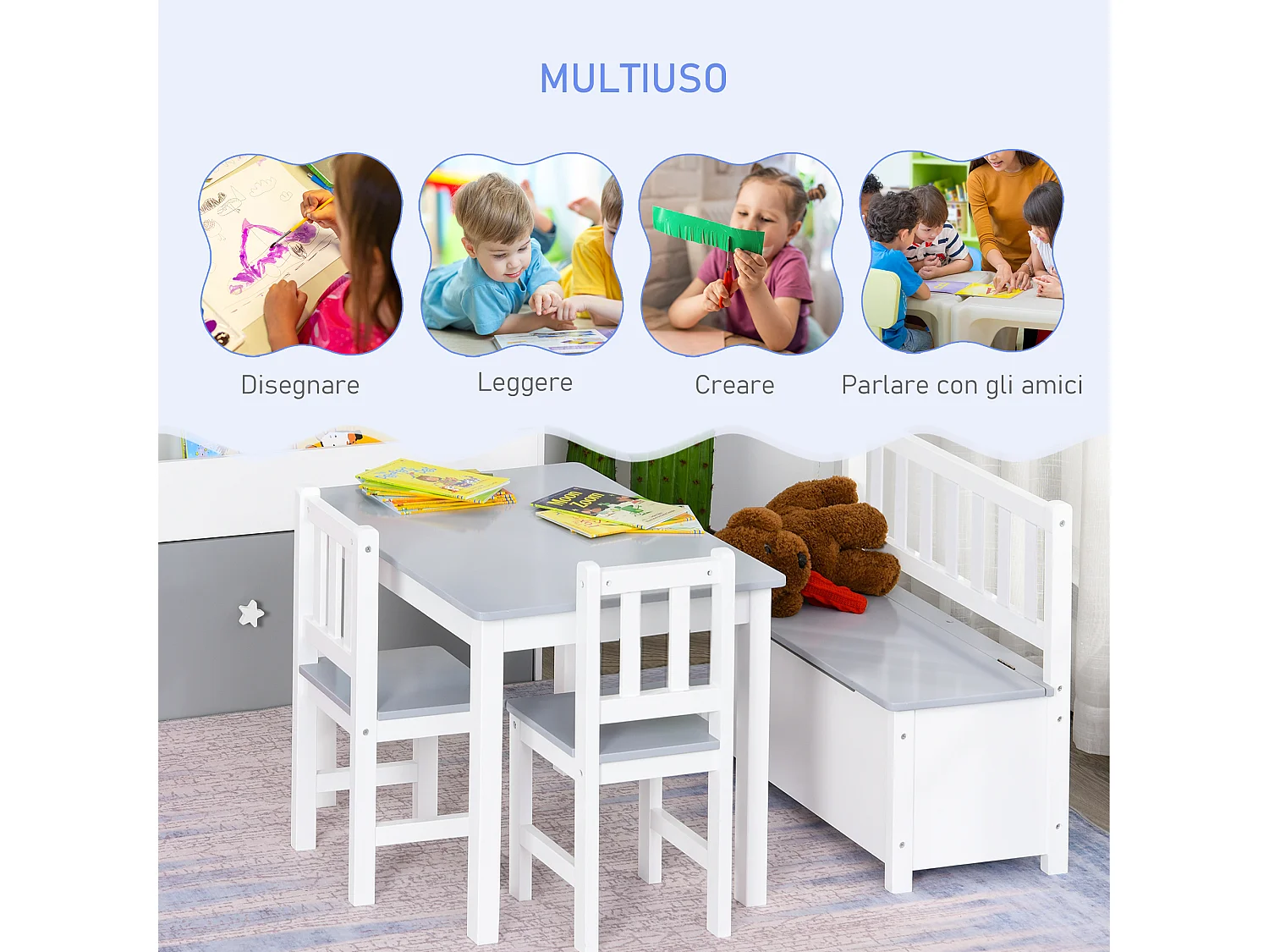 Set tavolo per bambini 2 sedie e cassapanca in legno bianco e grigio